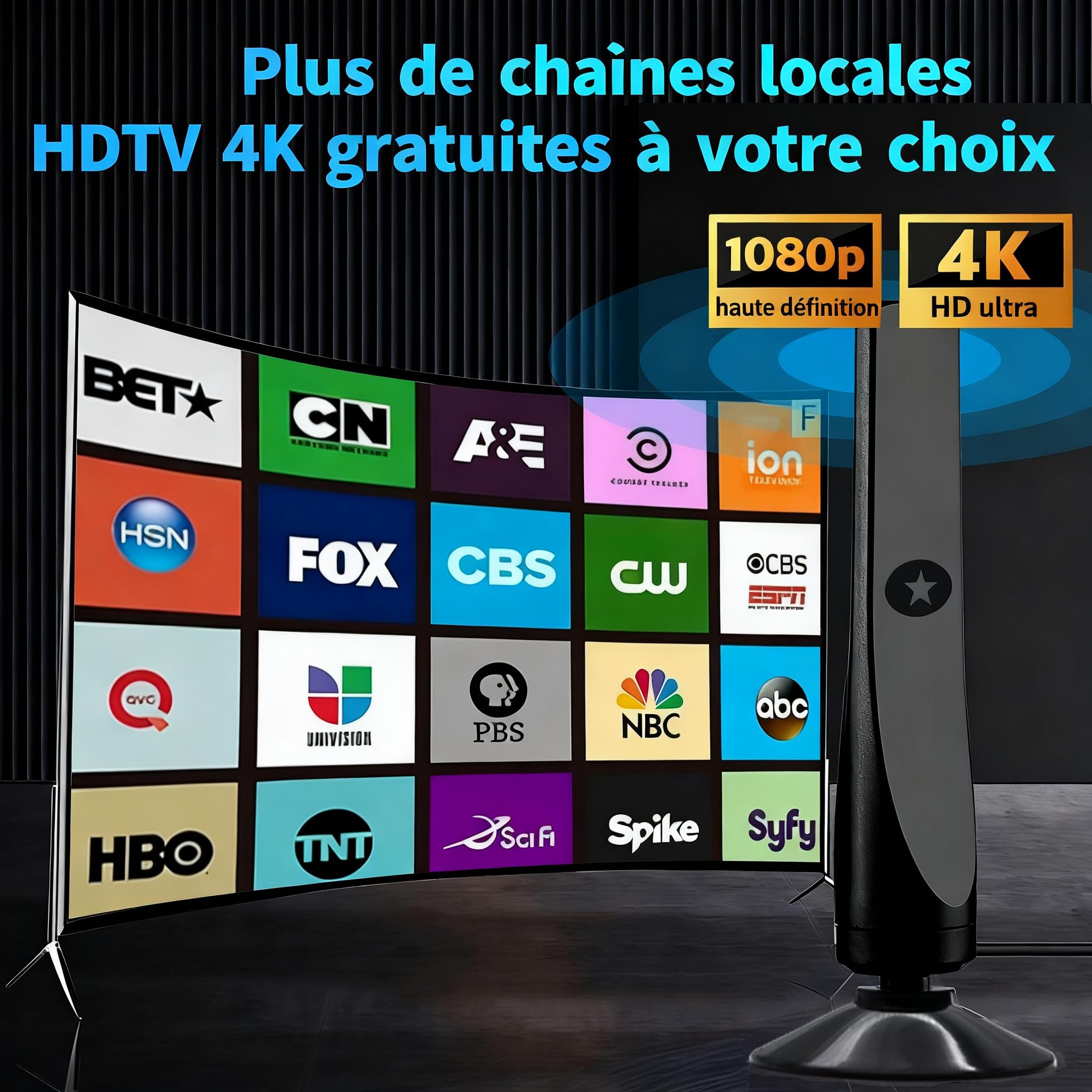 Antenne TV Intérieure Puissante – Réception Longue Portée à 360°Antennes TNT IntéRieur Puissante, Capture Chaînes Locales Gratuites, Base Magnétique, Câble Coaxial 3m