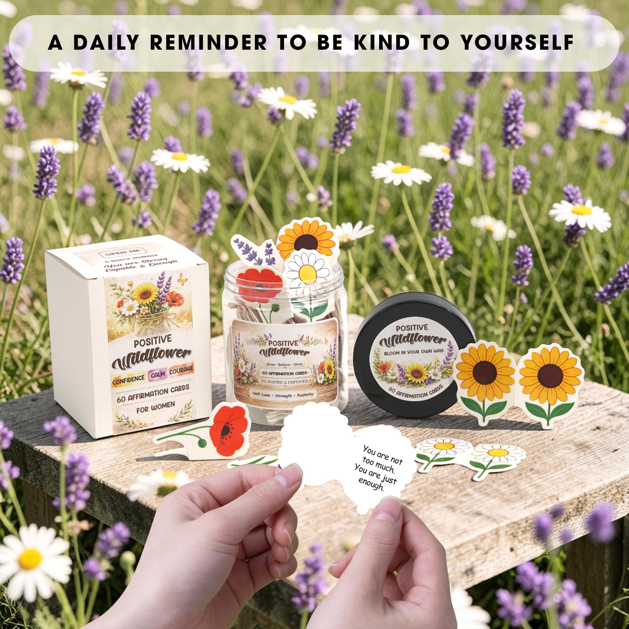 Birthday Gifts for Women, Positive Wildflower Affirmation Cards Jar – Sunflower Daisy Lavender Poppy Daily Affirmations, Encouragement Gift, Relaxation & Stress Relief Desk Decor