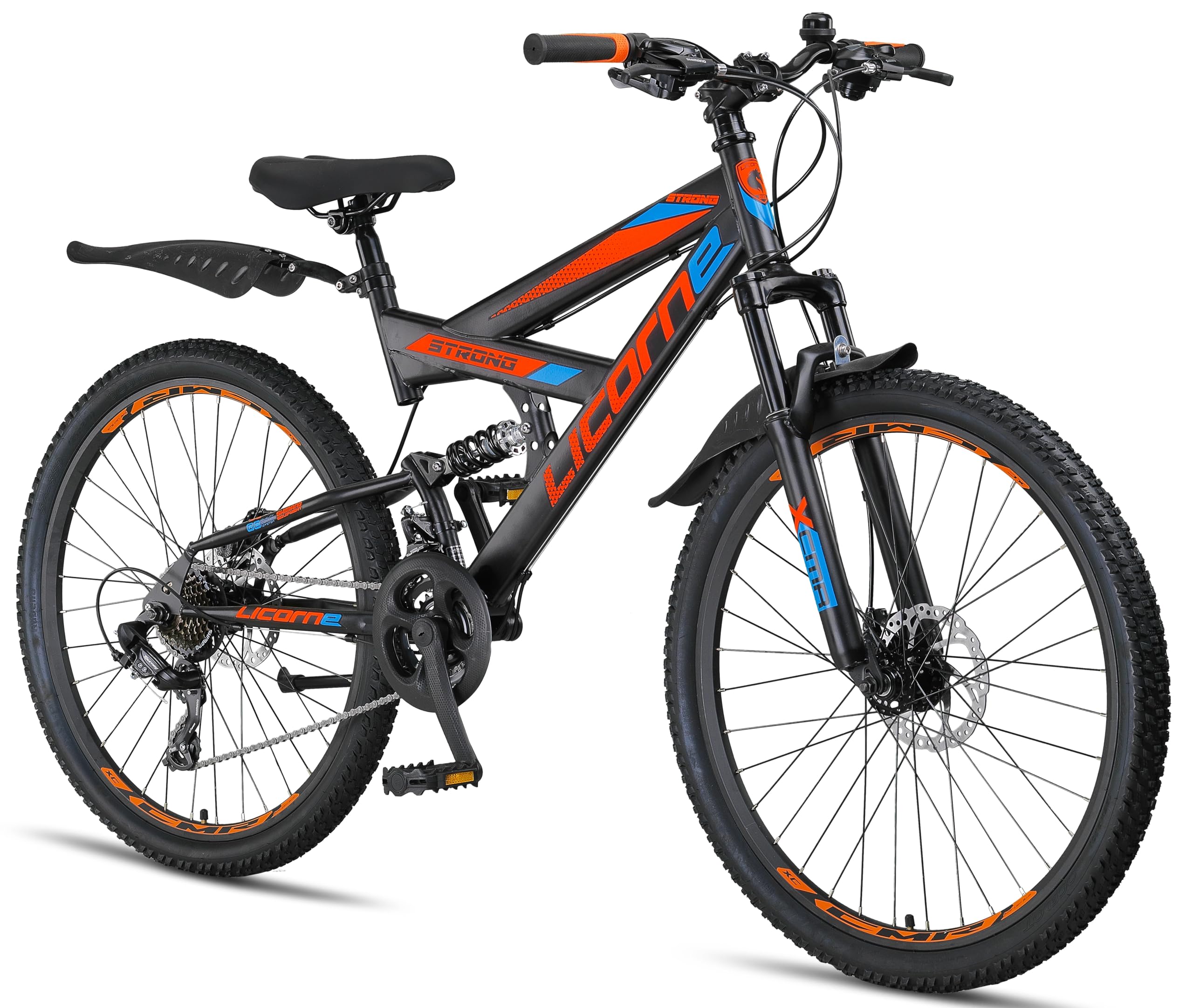 Licorne Bike Strong 2D Premium Mountain Bike in 26, 27,5 e 29 pollici, bicicletta per ragazzi, ragazze, donne e uomini, freno a disco anteriore e posteriore, cambio a 21 marce, sospensione completa