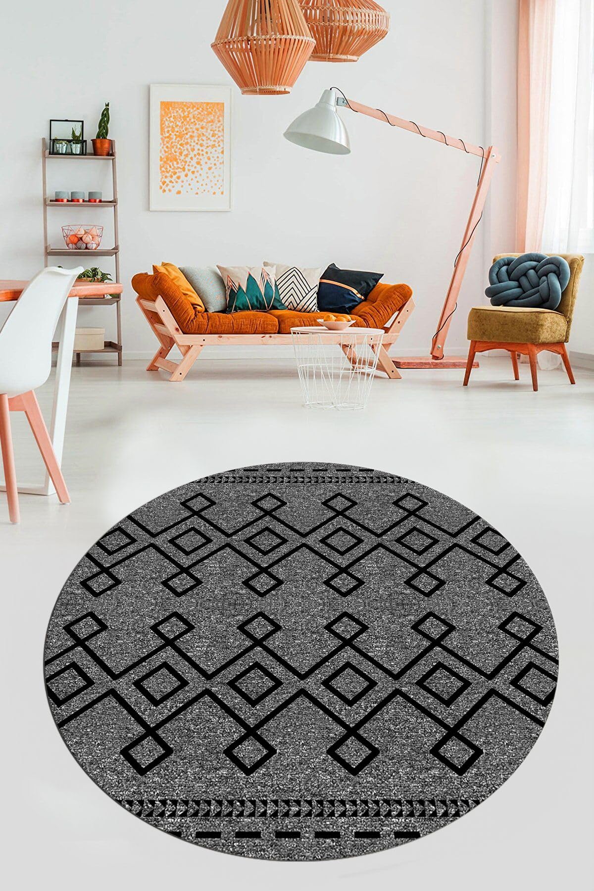 Evdeya Sade Desen Özel Tasarım Kaymaz Taban Yıkanabilir Yuvarlak Mutfak Salon Halısı Y-MODERN-87, Gri, 60 x 60
