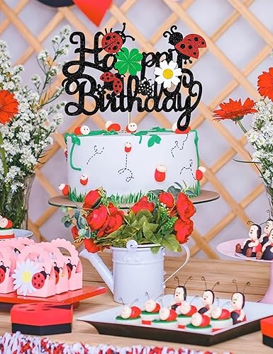 Miniatura 5 de Decoración para tartas de mariquitas, decoración de feliz cumpleaños para niños y niñas, mariquita con purpurina, trébol de margaritas, suministros