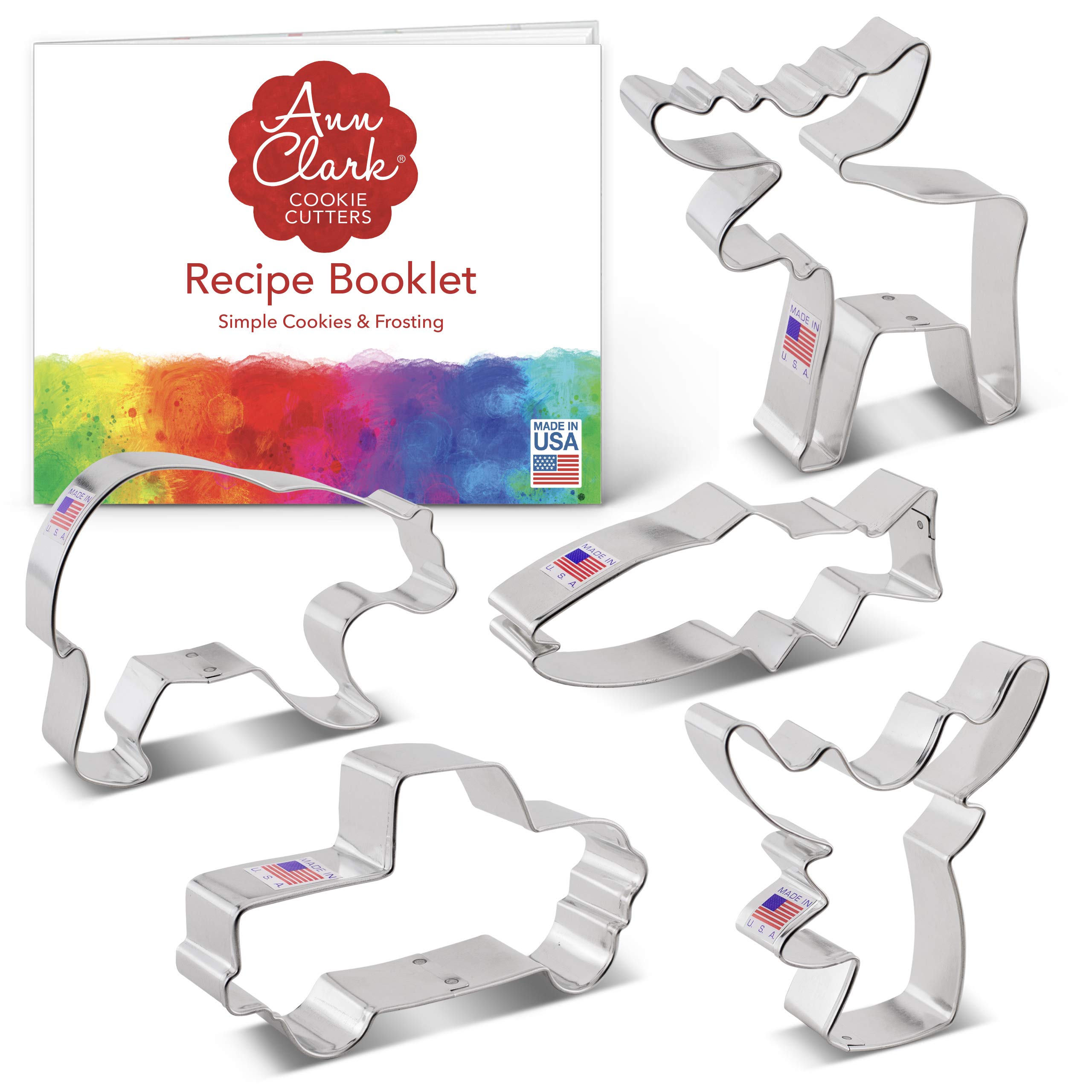 Ann Clark Cookie Cutters5 Piece Hunting Cookie Cutter Set with Recipe Booklet, Deer Head, Grizzly Bear, Moose, Trout, Vintage Truck