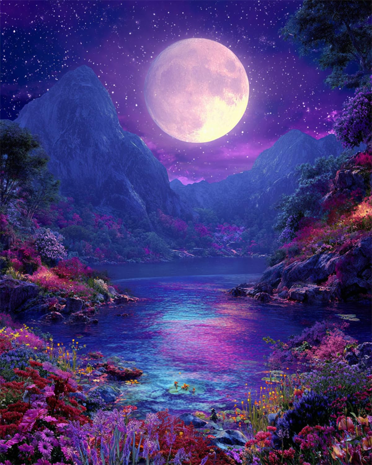 LFYNIORS DIY Bead Embroidery Kits Fantasie Mond Und See Nadelstich-Set Mit Perlen Und Kreuzstich-Set Mit Buntem Stickgarn Und Perlen 40x50cm