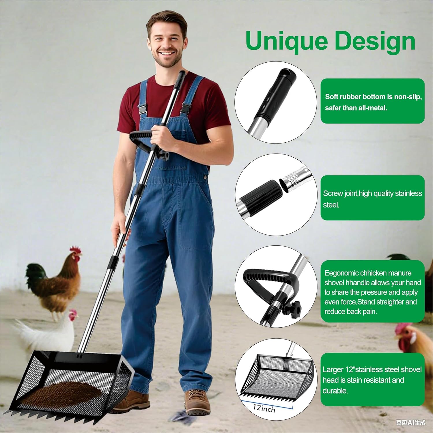Chicken Poop Scooper & Rake 3-in-1, Metal Coop Shovel, Sand Sifting Shovel, Pet Waste Cleans. Litter Sifting Cleaning Tool with 35" to 62" Adjustable Stainless Steel Handlele