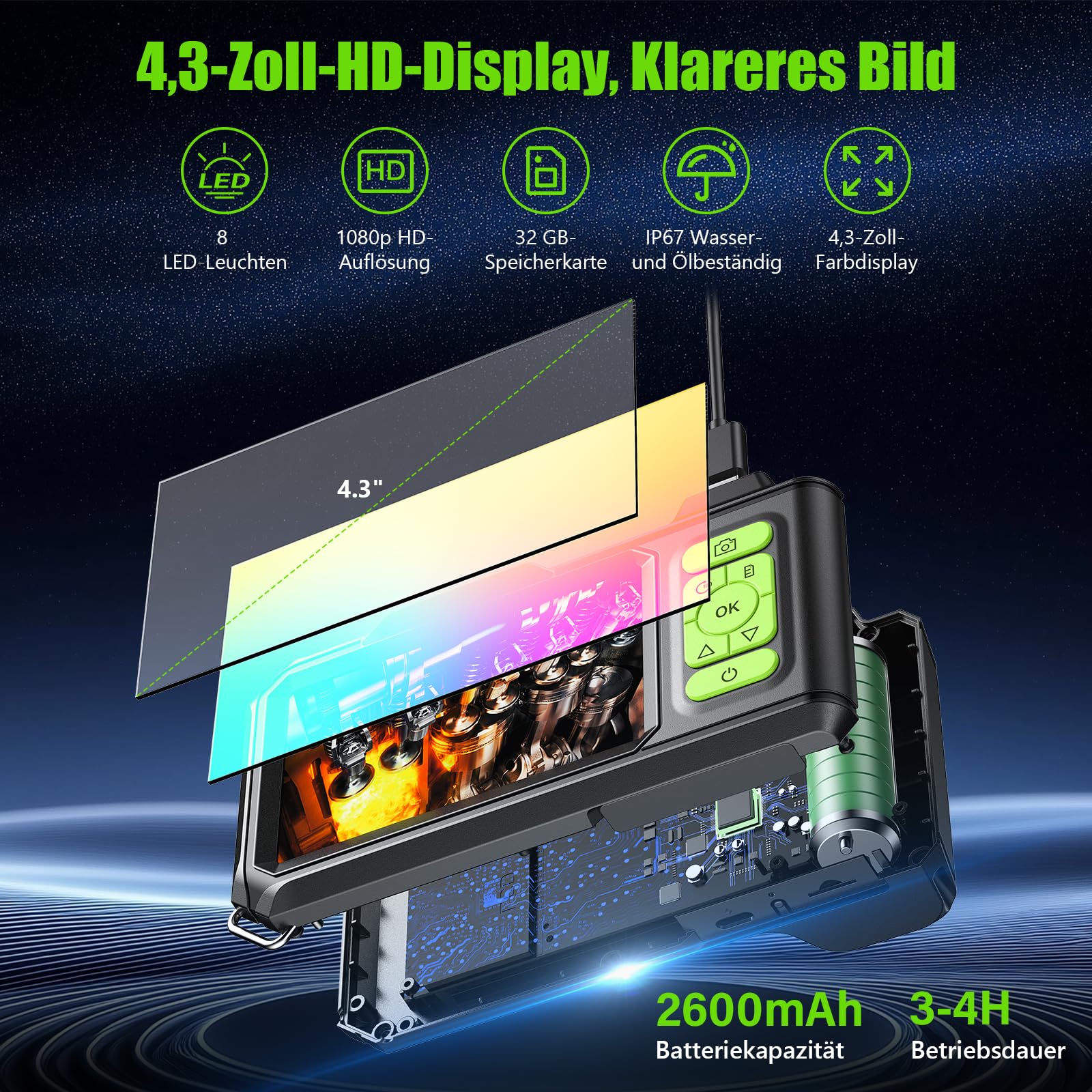 Endoskopkamera mit Licht 4.3" IPS Bildschirm – 1080P HD Inspektionskamera mit 8mm Kamera & 8 LED, IP67 wasserdichtes Endoskop mit 5M halbstarrem Kabel mit 32GB TF-Karte für KFZ Rohrleitungen Industrie