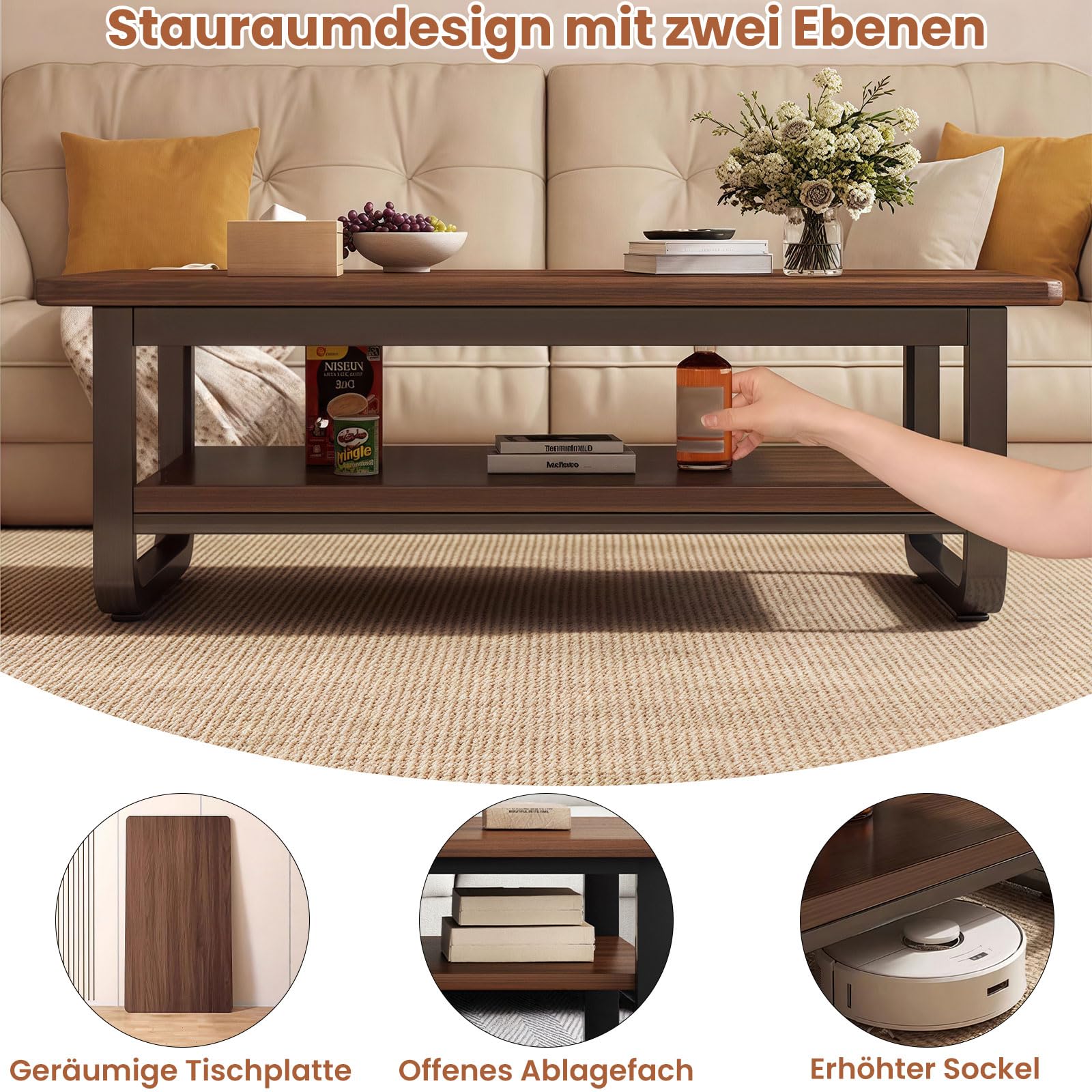Couchtisch Rechteckig mit Stauraum, 120cm Wohnzimmertisch Sofatisch, Braun