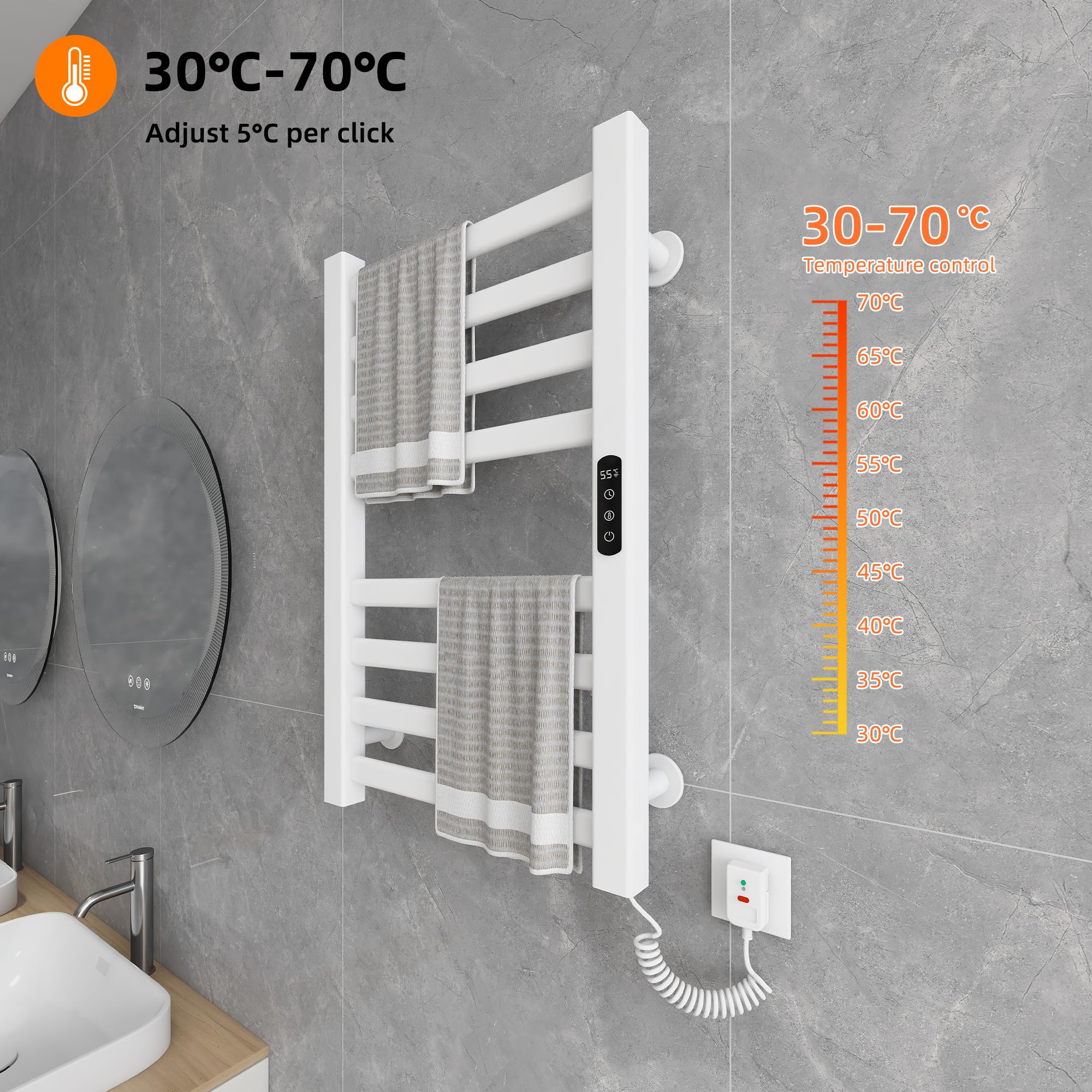 Radiador de Toallas 450x700mm Toallero Eléctrico Bajo Consumo Secador de Toallas Radiador Toallero eléctrico inteligente Calienta Toallas, calefacción de fibra de carbono, antracita-White Right