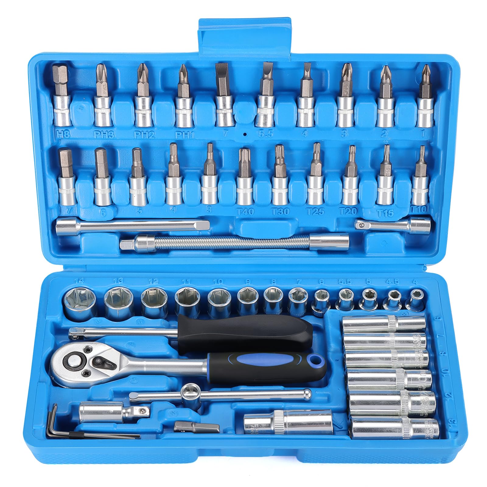 Faankiton 53PCS Ratchet Socket Set 1/4" Drive Socket Wrench Set, Cr-V Metric Ratchet Wrench Tool with Extension Bar and 72 Teeth Reversible Ratchet Spanner for Auto Repair and Home Maintenance (Blue)