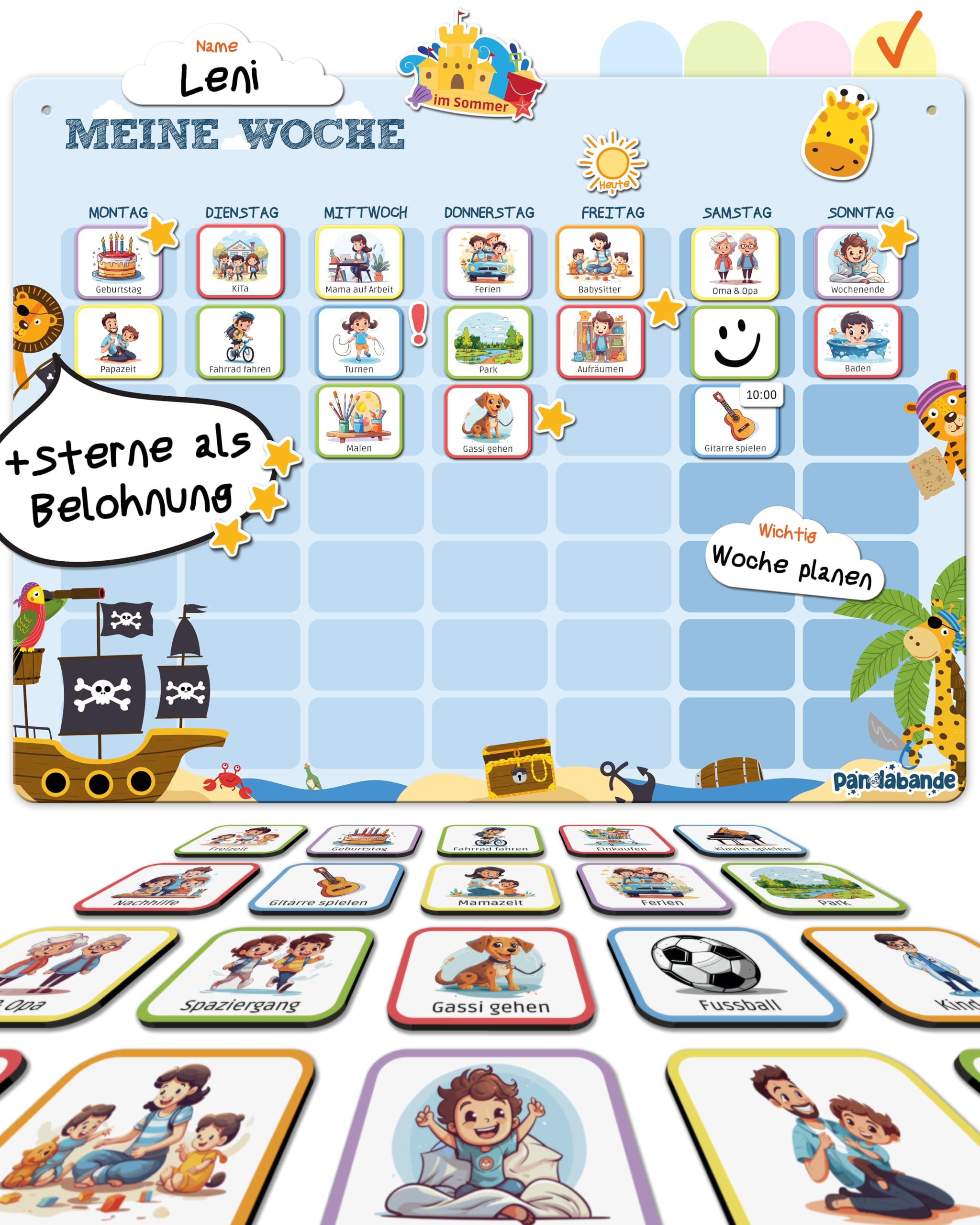 »PANDABANDE« Montessori Wochenplaner Kinder [Wetter, Belohnung, 210 Magnete] - Magnettafel für mehr Struktur im Alltag - Idealer Wochenplan Magnetisch (Piraten)