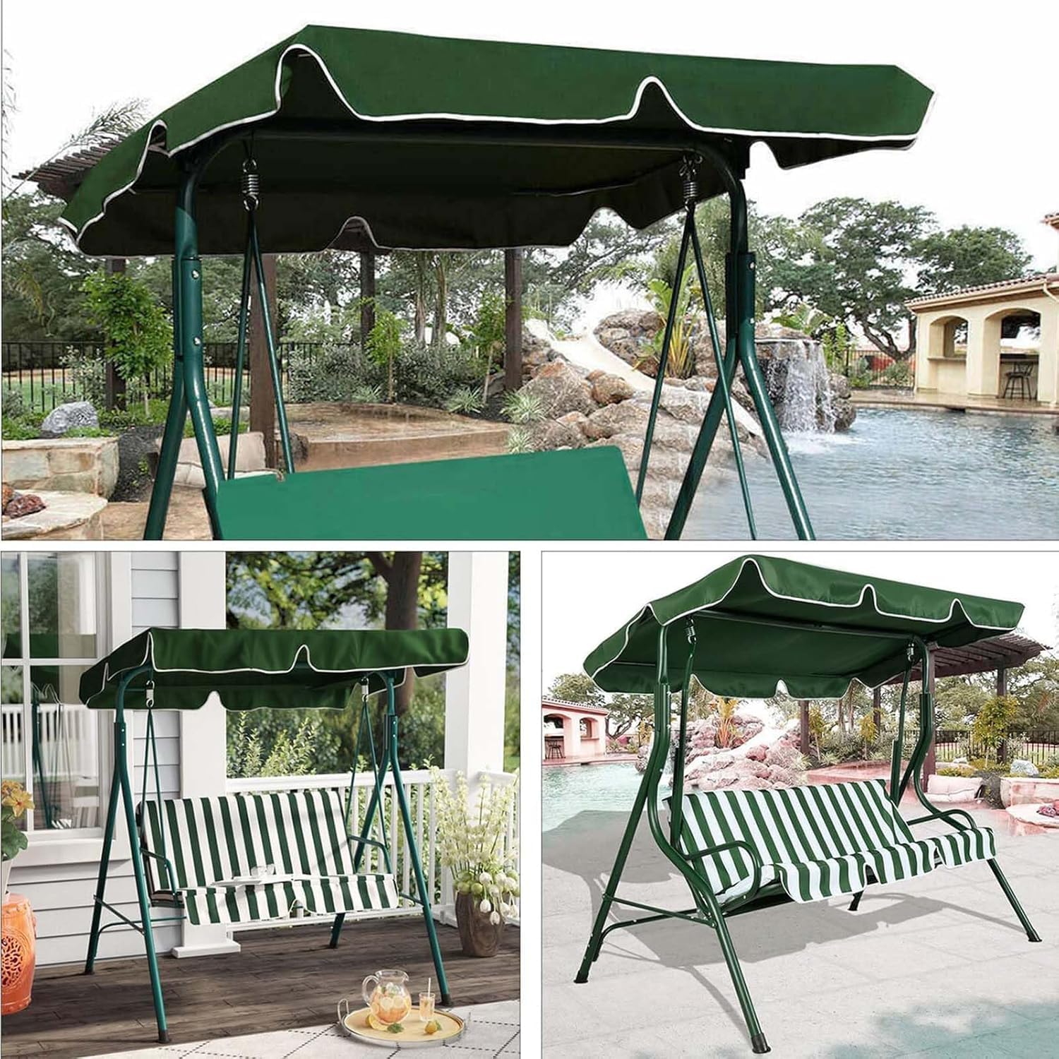 Baldacchino di Ricambio per Altalena da Giardino, Impermeabile, per Sedia A Dondolo, Adatto per 2 O 3 Posti, Amaca, Parasole, Copertura Superiore per Giardino., Green, 164x114x15cm
