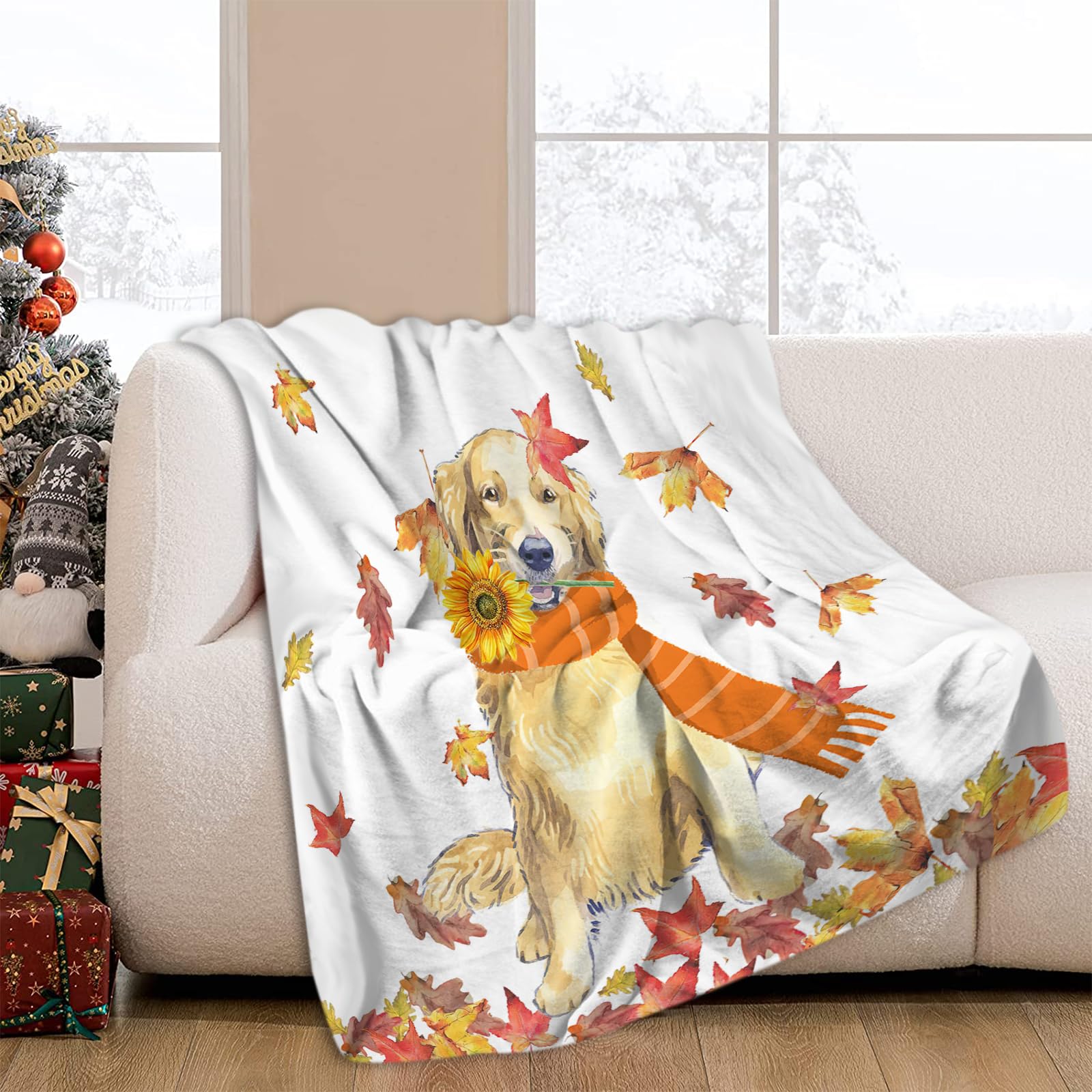 JOOCAR Golden Retriever Throw Blanket Autumn Happy Dog Fall Leaf Blanket Cozy Soft Lightweight Flannel Plush Blankets for Bed Couch Living Room Sofa Chair,60x80 Inch - Image 2