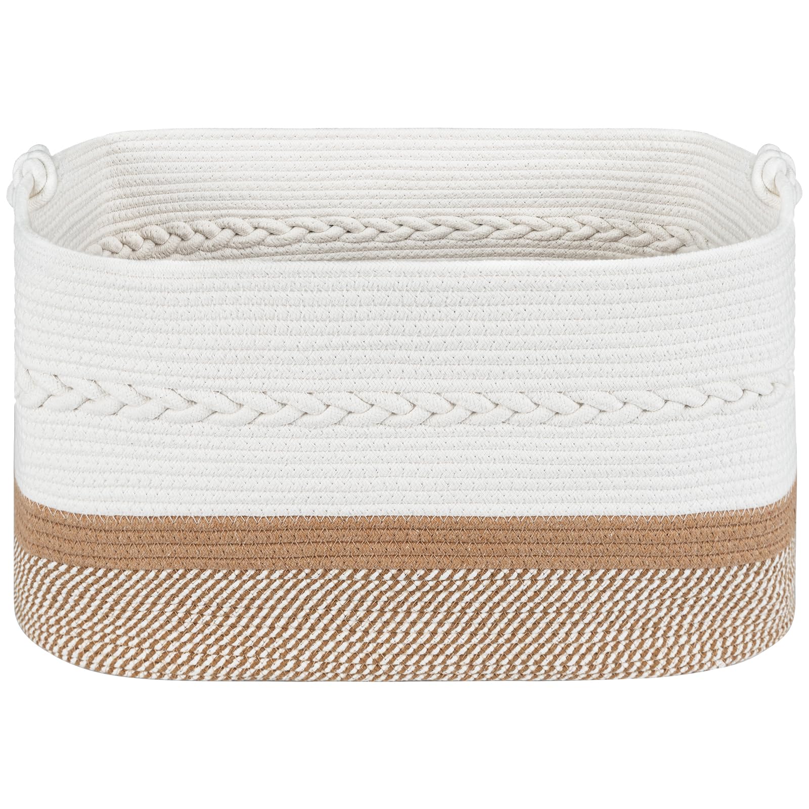 VSIWB Cotton Rope Laundry Basket with Handle, 65 L Large Boho Woven Storage Organiser Baskets, Blanket Kids Toy Dirty Clothes Laundry Hamper for Living Room Nursery Bedroom, White & Brown