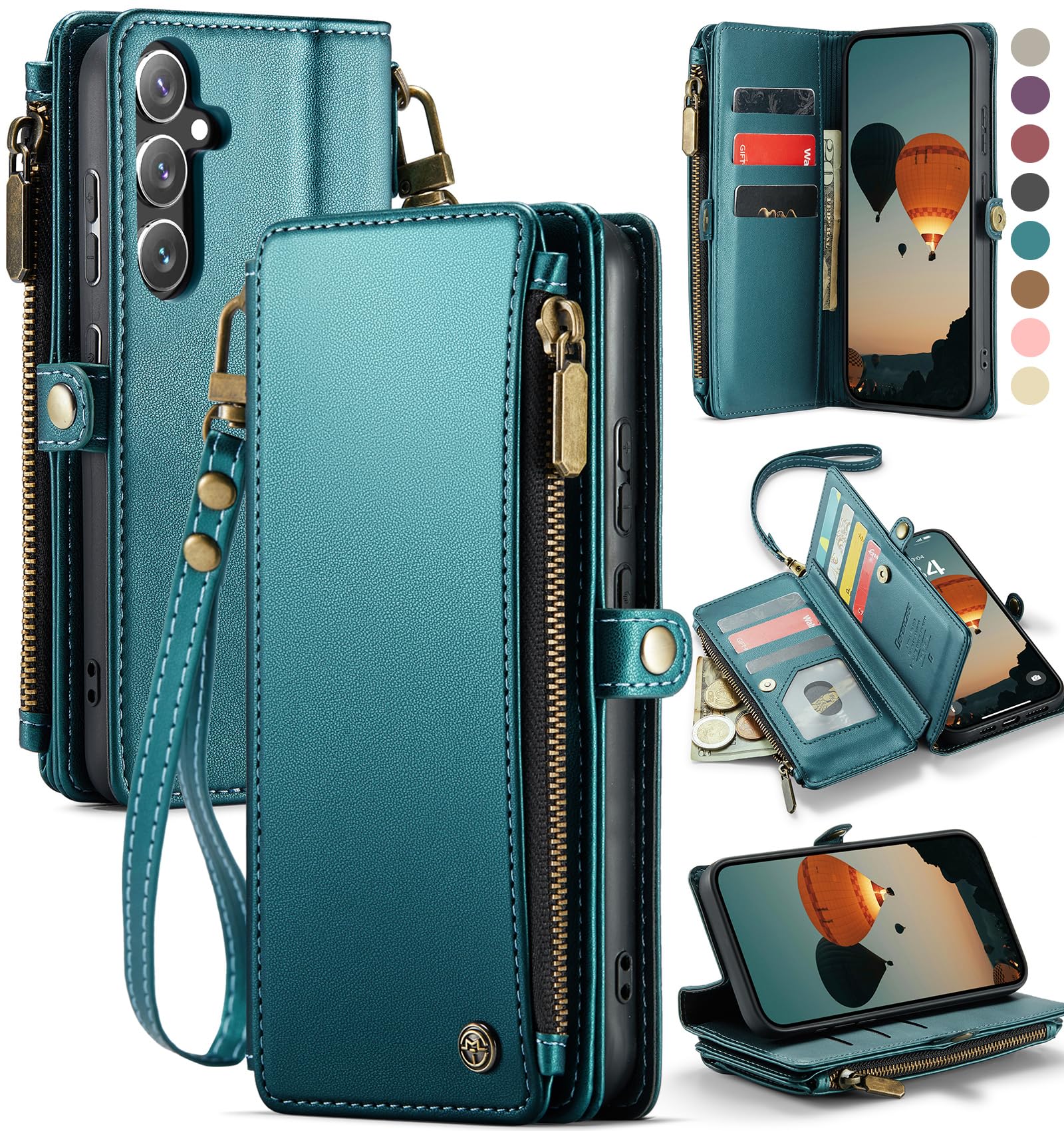 Defencase Compatible with Samsung Galaxy S24 FE Case Wallet with RFID Blocking Card Holder for Women Men, PU Leather Magnetic Snap Flip Zipper Strap