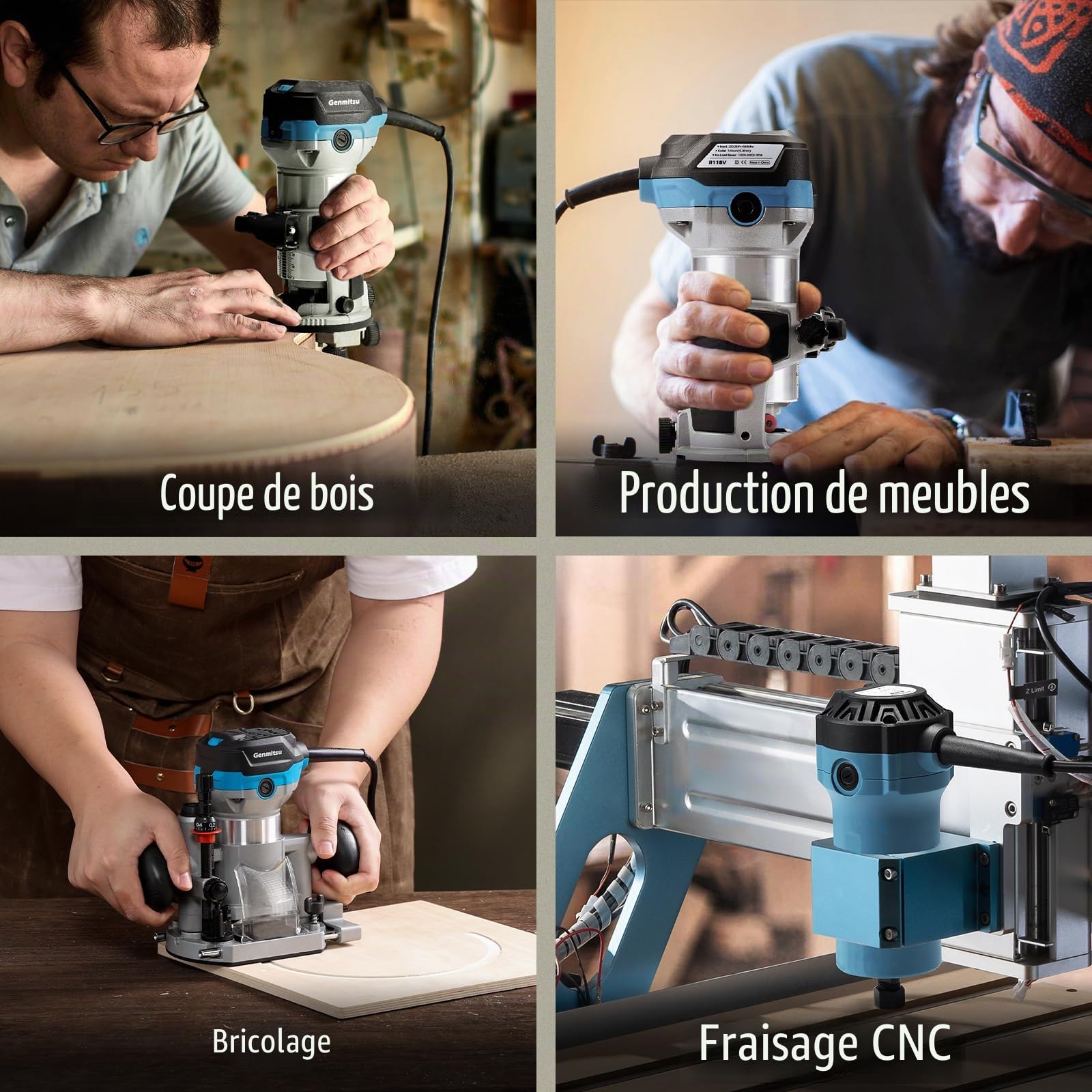 Genmitsu Défonceuse à paume 1,25 HP, outil à bois compact avec base fixe, 6 vitesses variables 10 000-30 000 R/MIN, avec pince 1/4", parfait pour le travail du bois CNC et les projets de bricolage