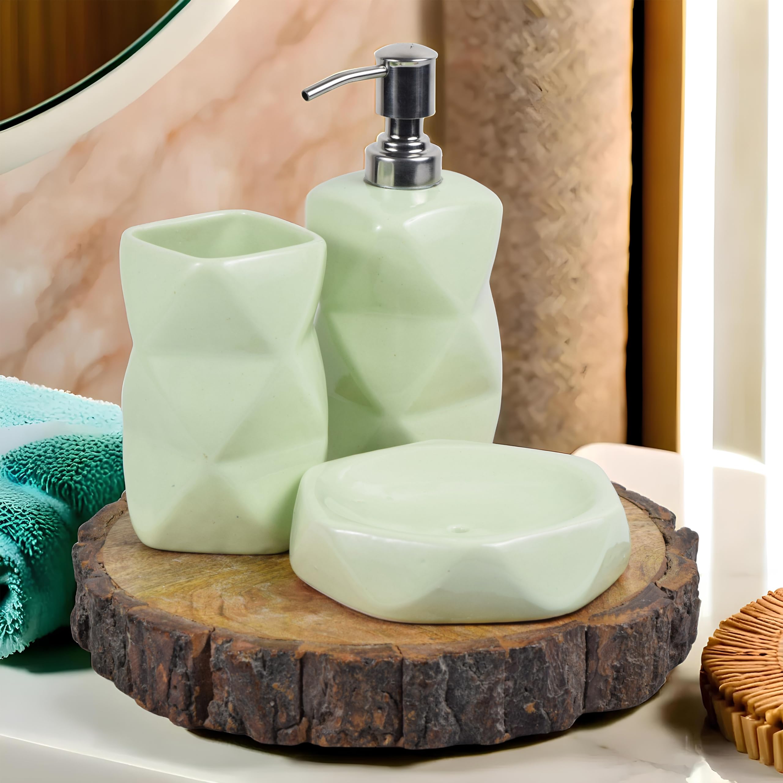 Kaolinite Ceramic Bathroom Accessories Set for Utility and Bathroom Decor | Liquid Soap Dispenser, soap Tray, Toothbrus Holder (Parrot Green) (B0CYZVMN47) Amazon Price History, Amazon Price Tracker