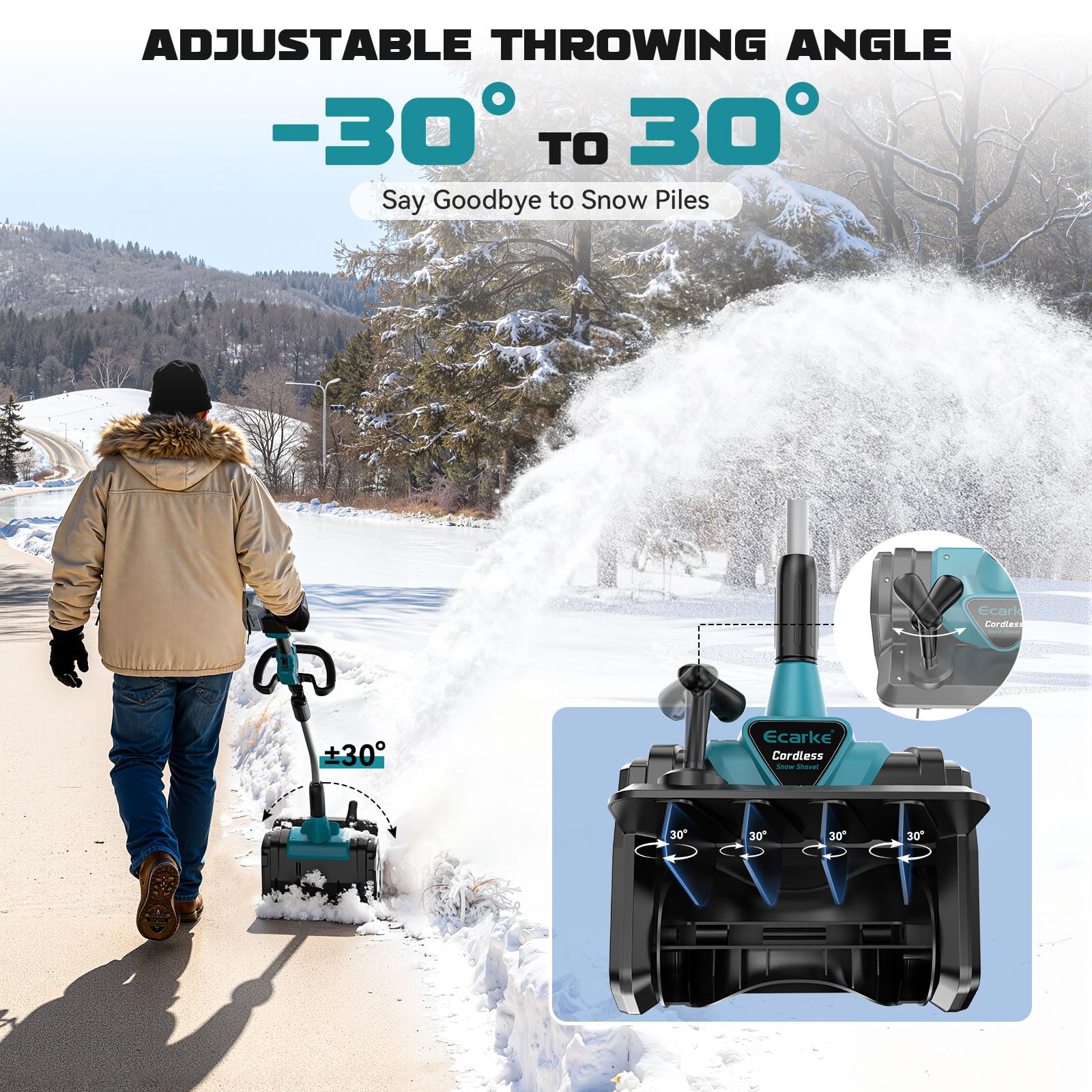 Ecarke Quitanieves con batería recargable compatible con batería Makita de 18 V, motor sin escobillas de 1000 W, altura de 20 cm, distancia de lanzamiento de 7 a 8 m, ancho de trabajo de 33,5 cm