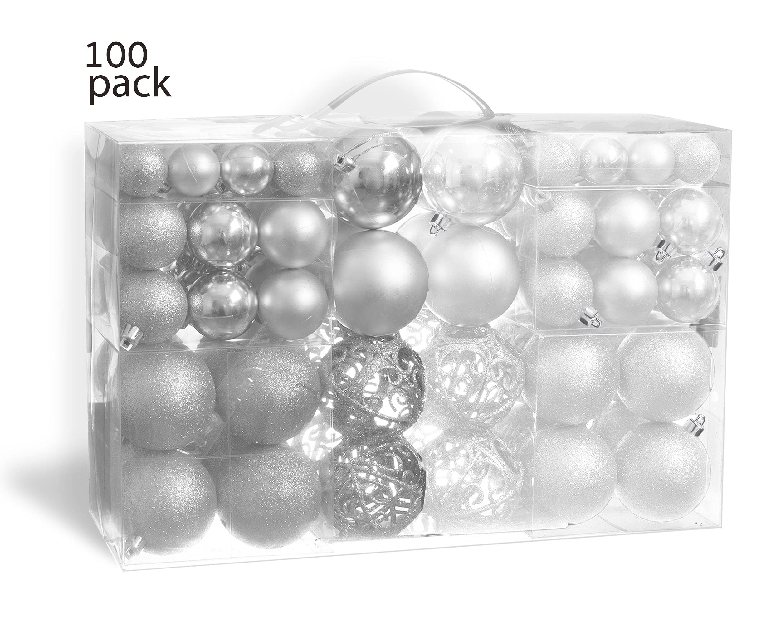 R N' D Toys 100 Silver and White Christmas Ornament Balls Shatterproof + 100 Metal Ornament Hooks, Hanging Ornaments for Indoor/Outdoor Christmas Tree, Holiday Party, Home Décor