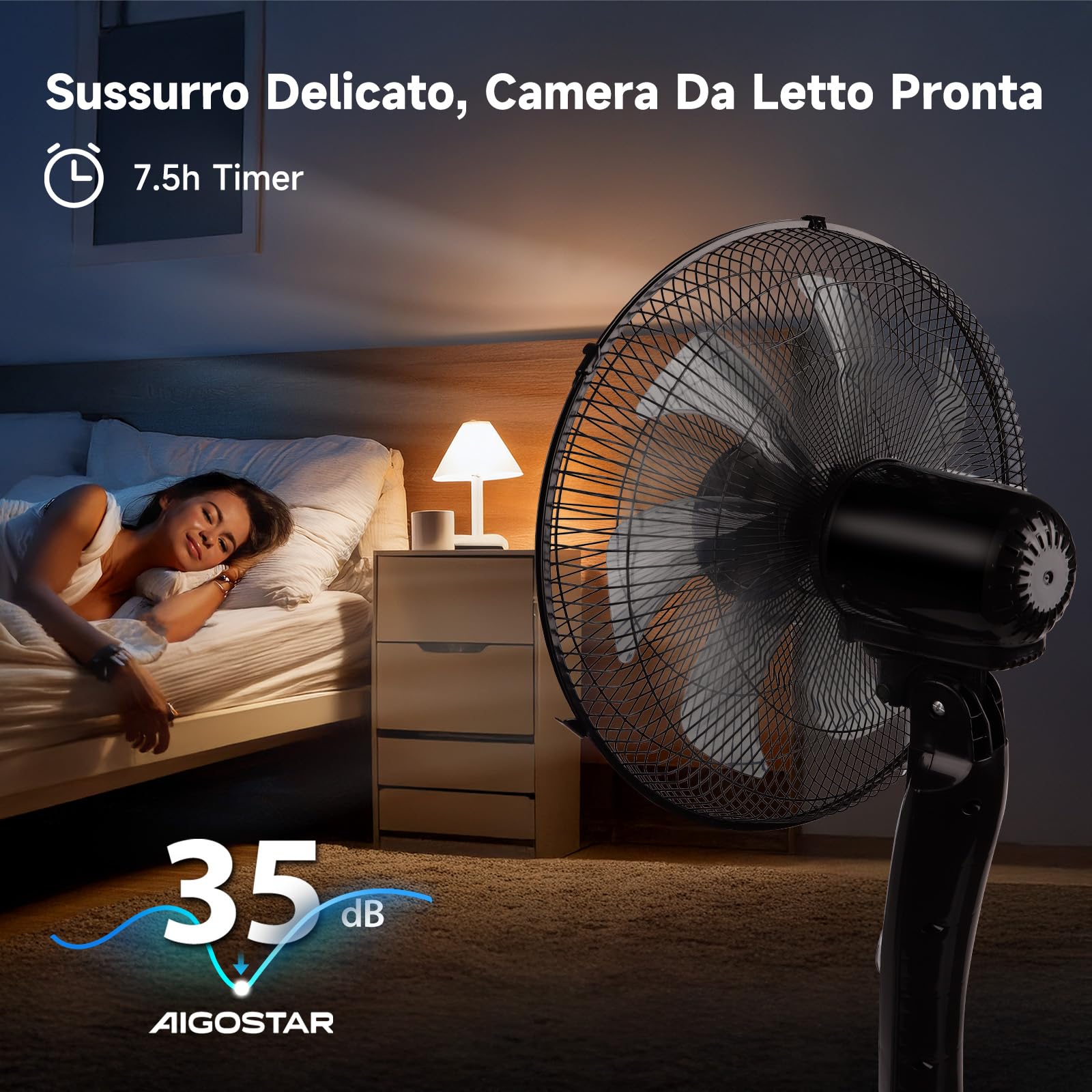 Aigostar Ventilatore a Piantana Potente da 55W con Telecomando, 7 Pale Ventilatore Silenzioso, 3 Modalità e 3 Velocità, Oscillazione 70°, Altezza Regolabile fino a 140 cm, Base Rotonda, Nero