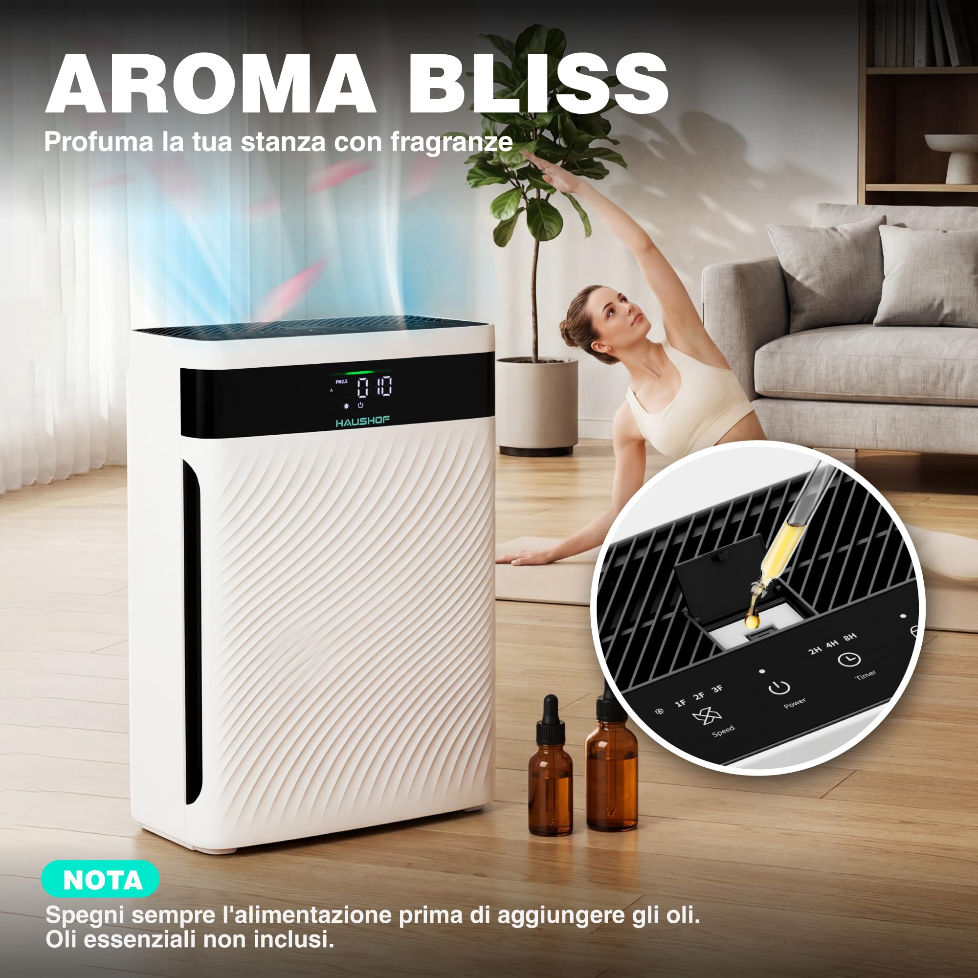 HAUSHOF Purificatore d'Aria con Filtro HEPA, Rimuove 99,97% di Polvere | Polline e Peli, CADR 250 m³/h, Display PM2.5, 30 dB, Aromaterapia, per Uffici e Casa.