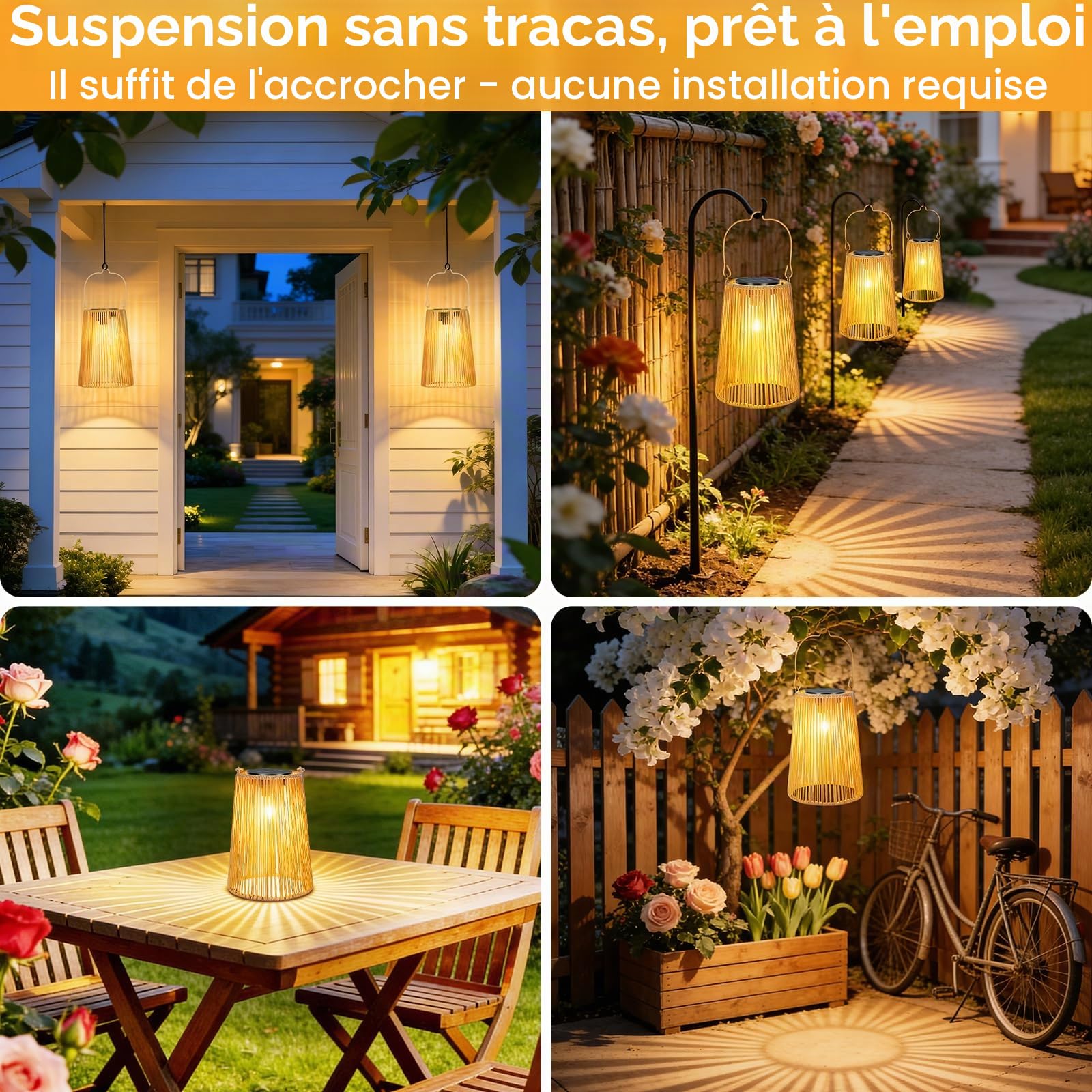 Lanterne Solaire Exterieur en Rotin, Suspendues ou Posables, LED, Étanches, Allumage Automatique, Artisanales et Décoratives pour Jardin, Terrasse, Balcon ou Table