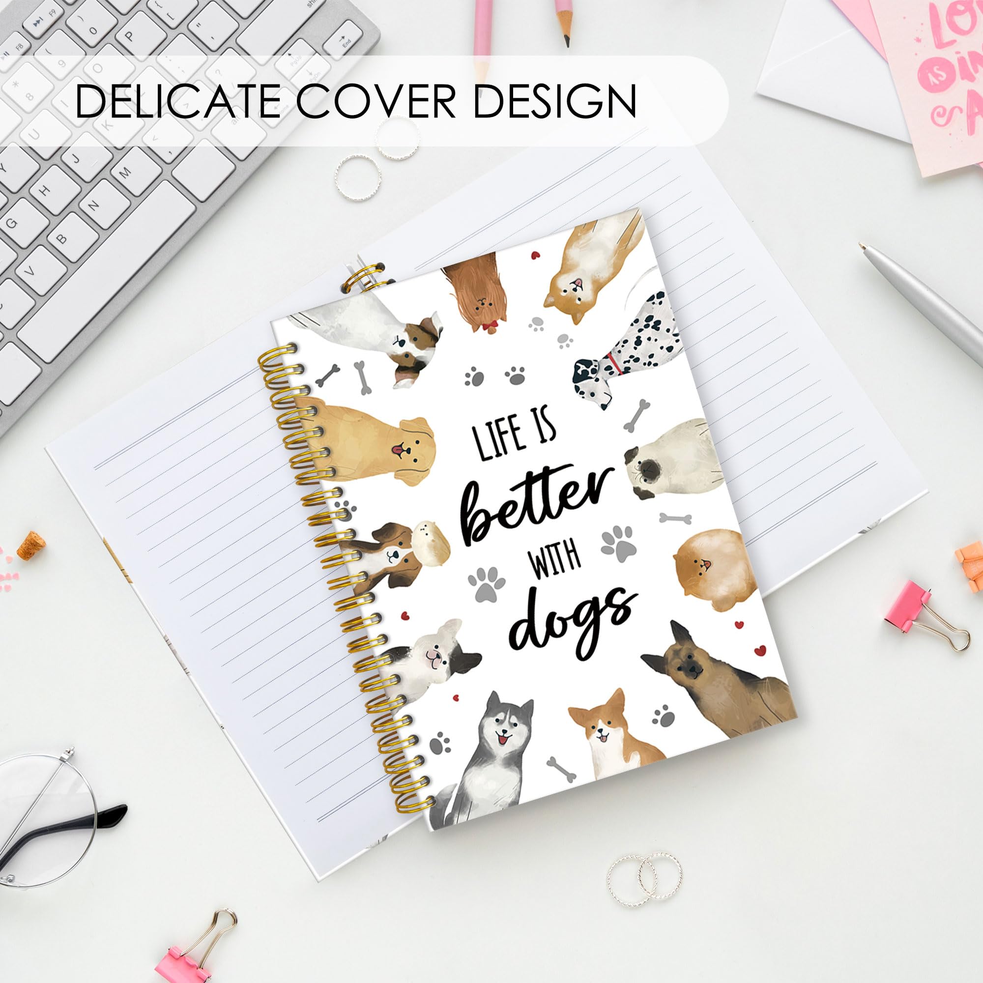 Spiralnotizbuch für Hundeliebhaber, Aufschrift "Life Is Better with Dogs", liniert, Hardcover, Tagesjournal für Büro, Arbeit, Schule, Komposition, Hundenotizbuch, A5, 5,5 x 8,3 cm