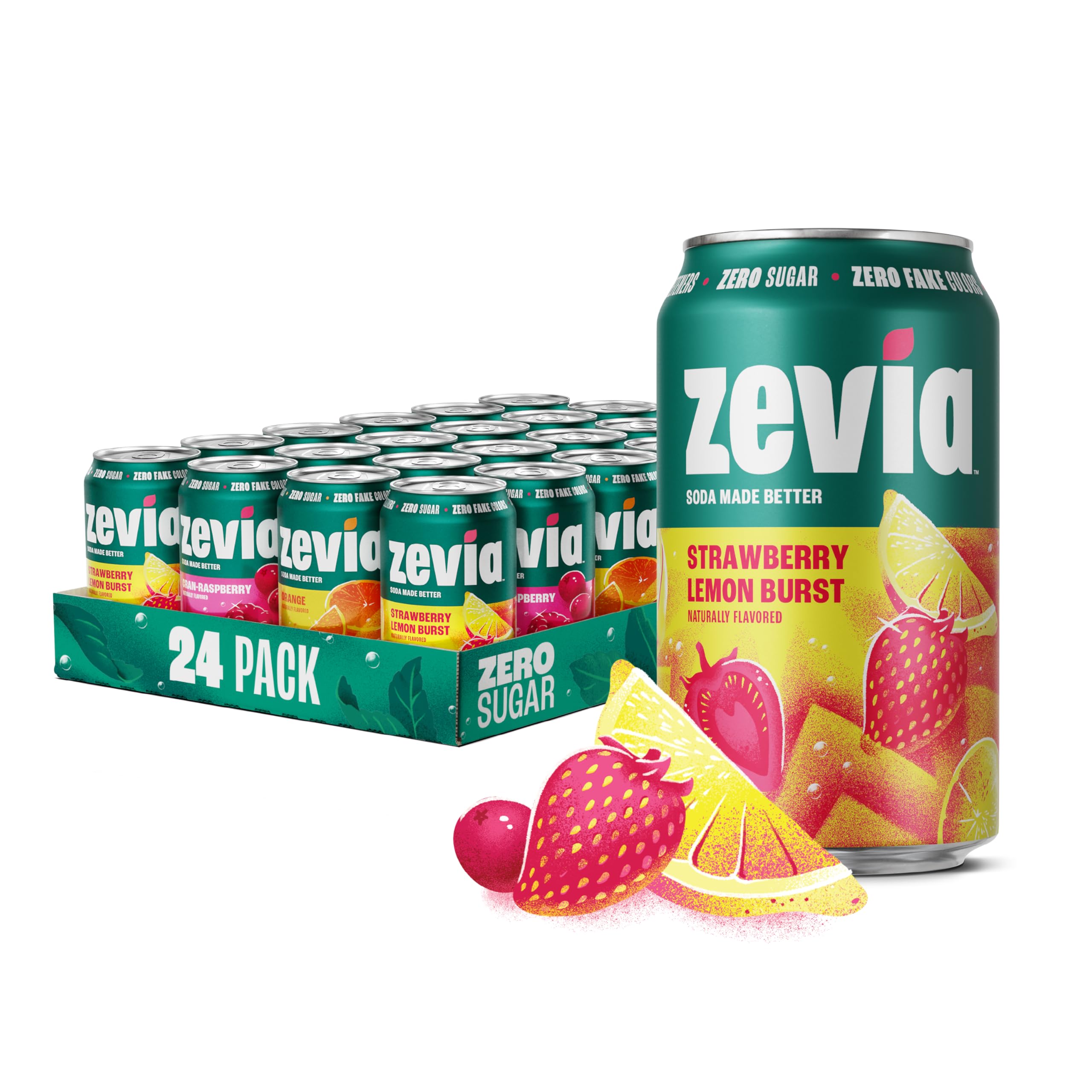Zevia Zero Sugar Soda, Fruity Variety Pack, 12 oz Cans (24-Pack) – Naturally Sweetened, Zero Calorie Sugar Free Soda - Non-GMO Project Verified,