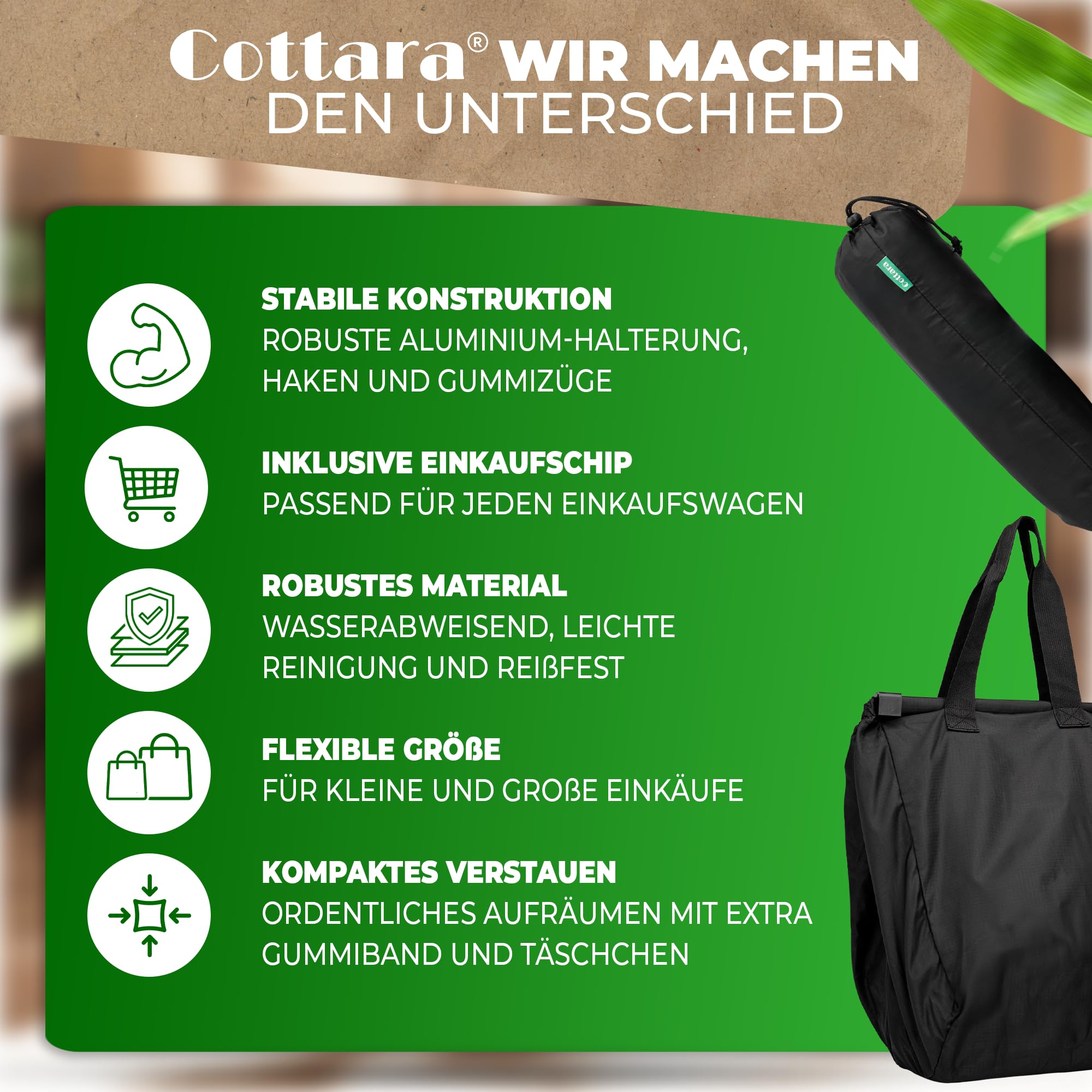 COTTARA® Torba na zakupy do wózka na zakupy z kieszenią chłodzącą, składana torba do wózka na zakupy do zawieszenia z funkcją chłodzenia i żetonem na zakupy, idealna torba na zakupy i zakupy