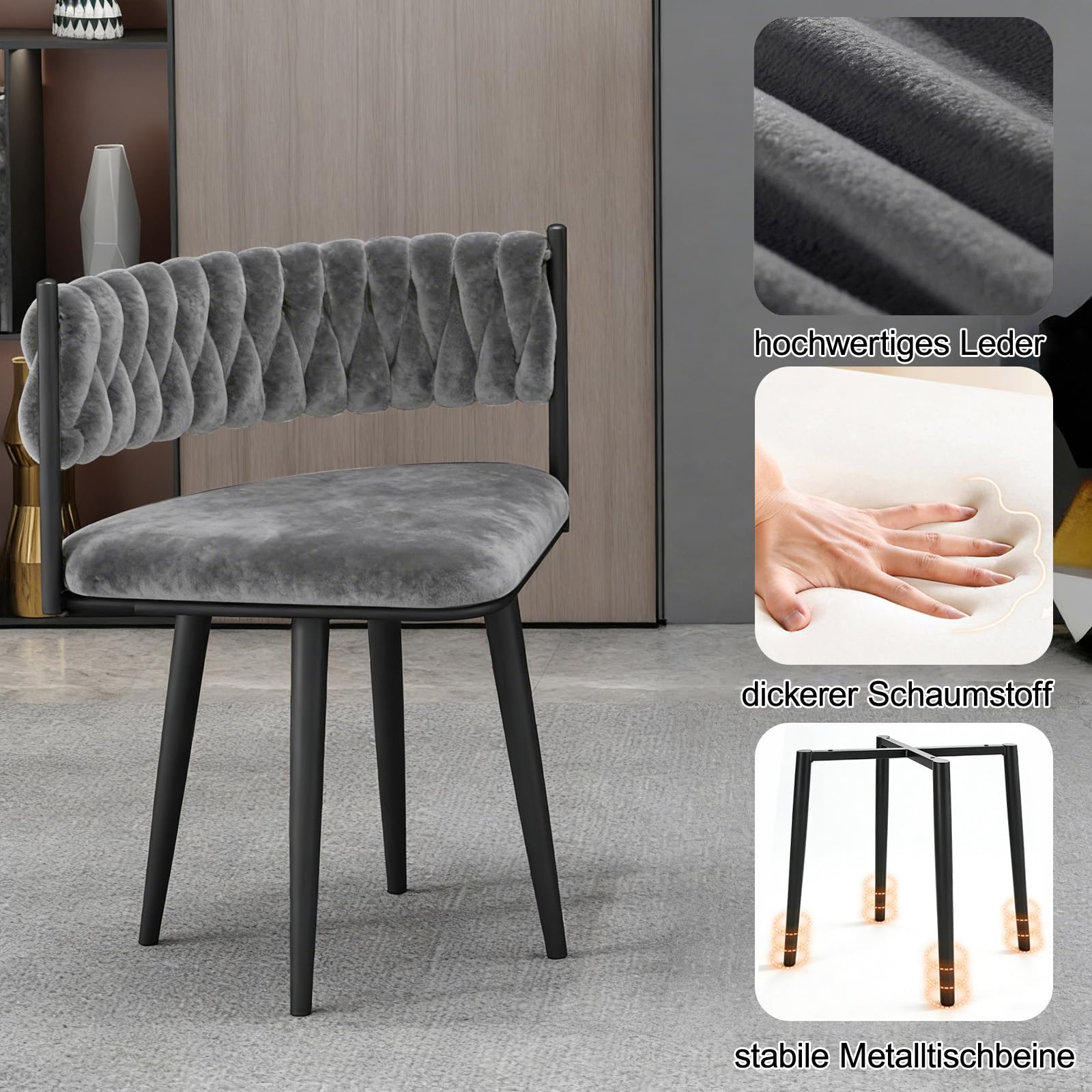 Runder Esstisch und 4 Stuhl Essgruppe 5-Teilig, Küchentisch Set für 4 Personen Moderne Sitzgruppe für Küche, Esszimmer, Wohnzimmer und Büro Grau