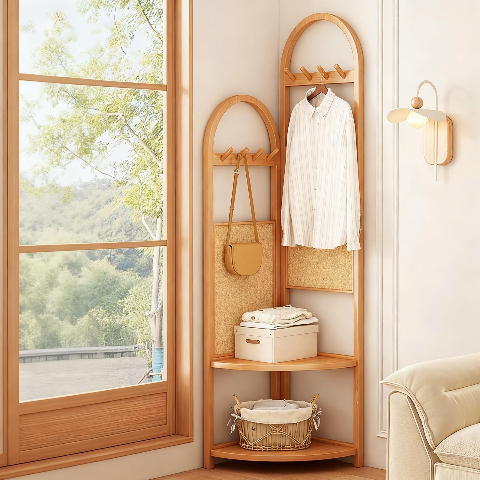 FGXHHS Corner Coat Rack with Sto, Solid Wood Hall Tree for Smals, 8 Hoo Floor-Standing Hanr, Yellow Entryway nizer, Ideal Living Room Decor (40cm/16)