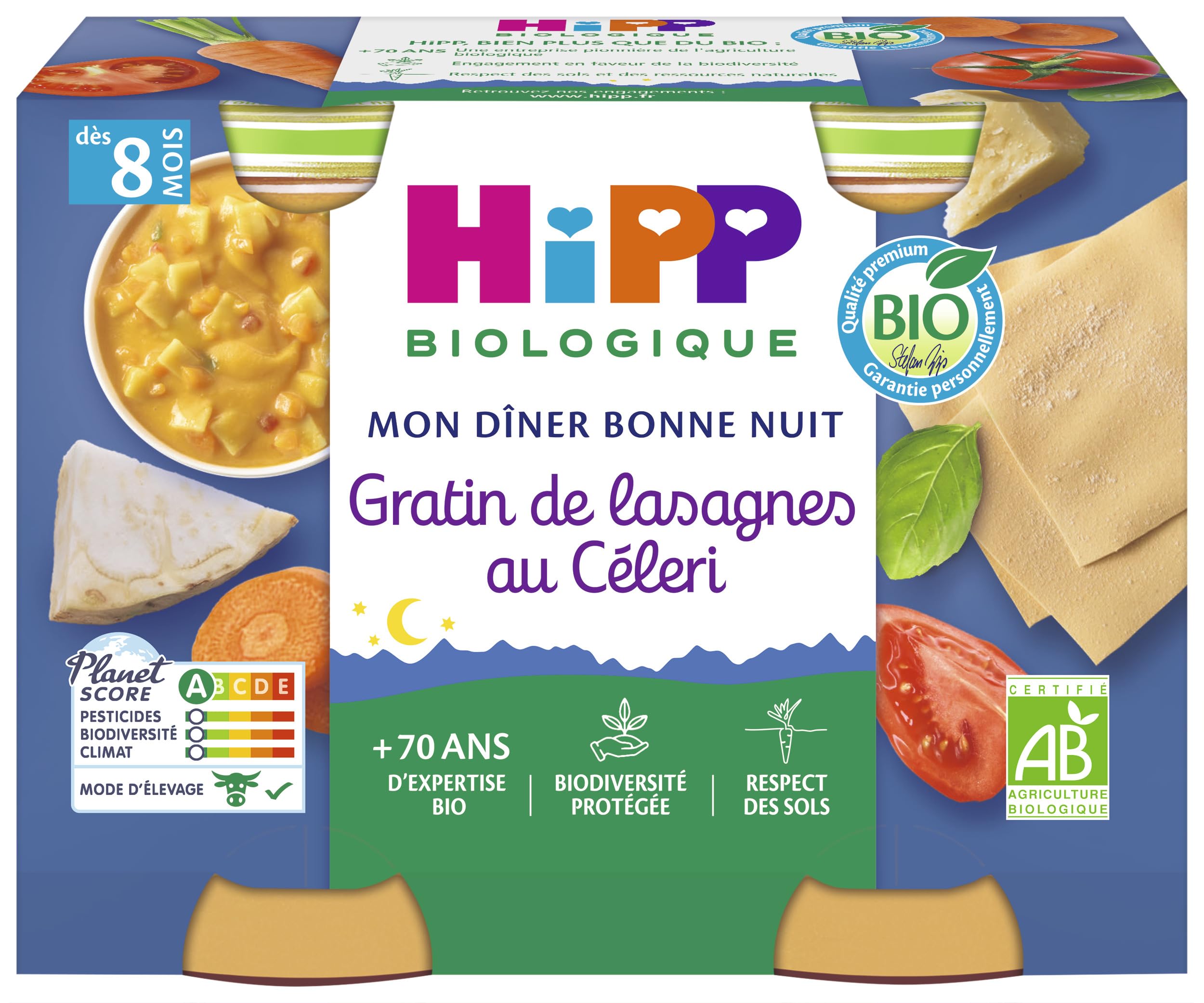 HiPP - Mon Dîner Bonne Nuit - Gratin de Lasagnes au Céleri - Pots 2x190g - Lot de 12 - BIOLOGIQUE