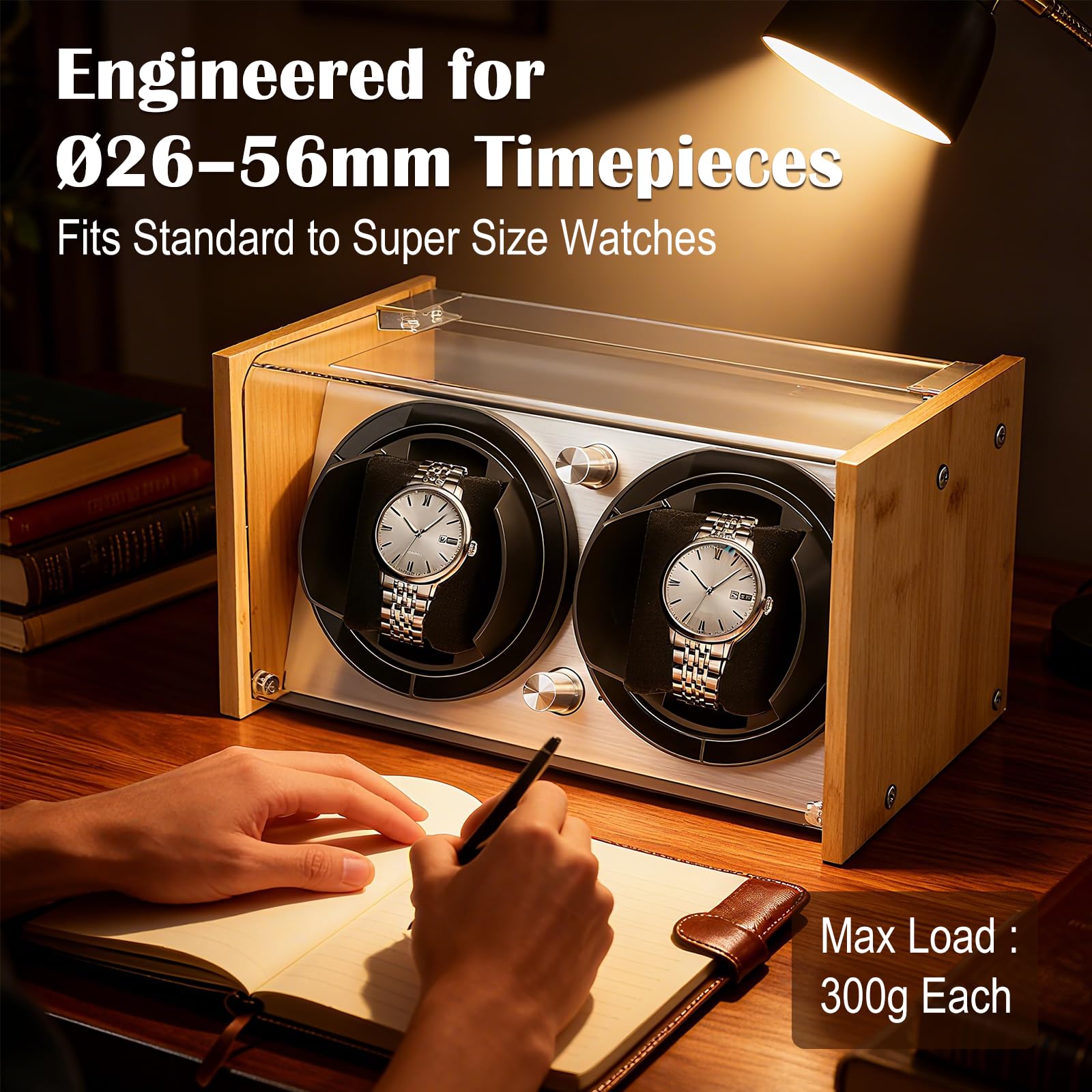 Watch Winder Smith Quiet Bamboo Watch Winder 2 for Automatic Watches, Vertical Rest Timer Function for Easy Glance