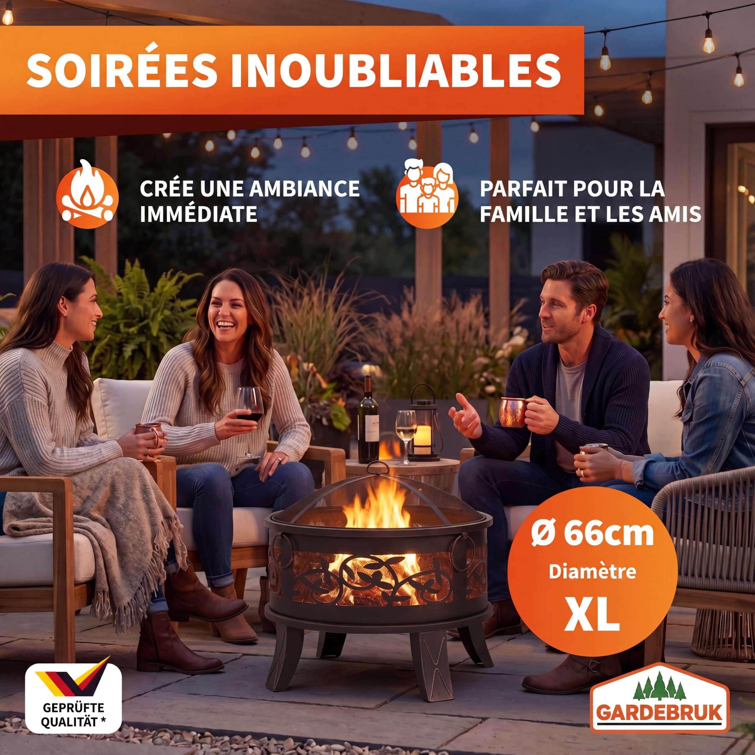 GARDEBRUK® Brasero Rond Ø67 cm en Acier Imitation Rouille Protection Anti-Étincelles Jardin Terrasse Cheminée d'Extérieur