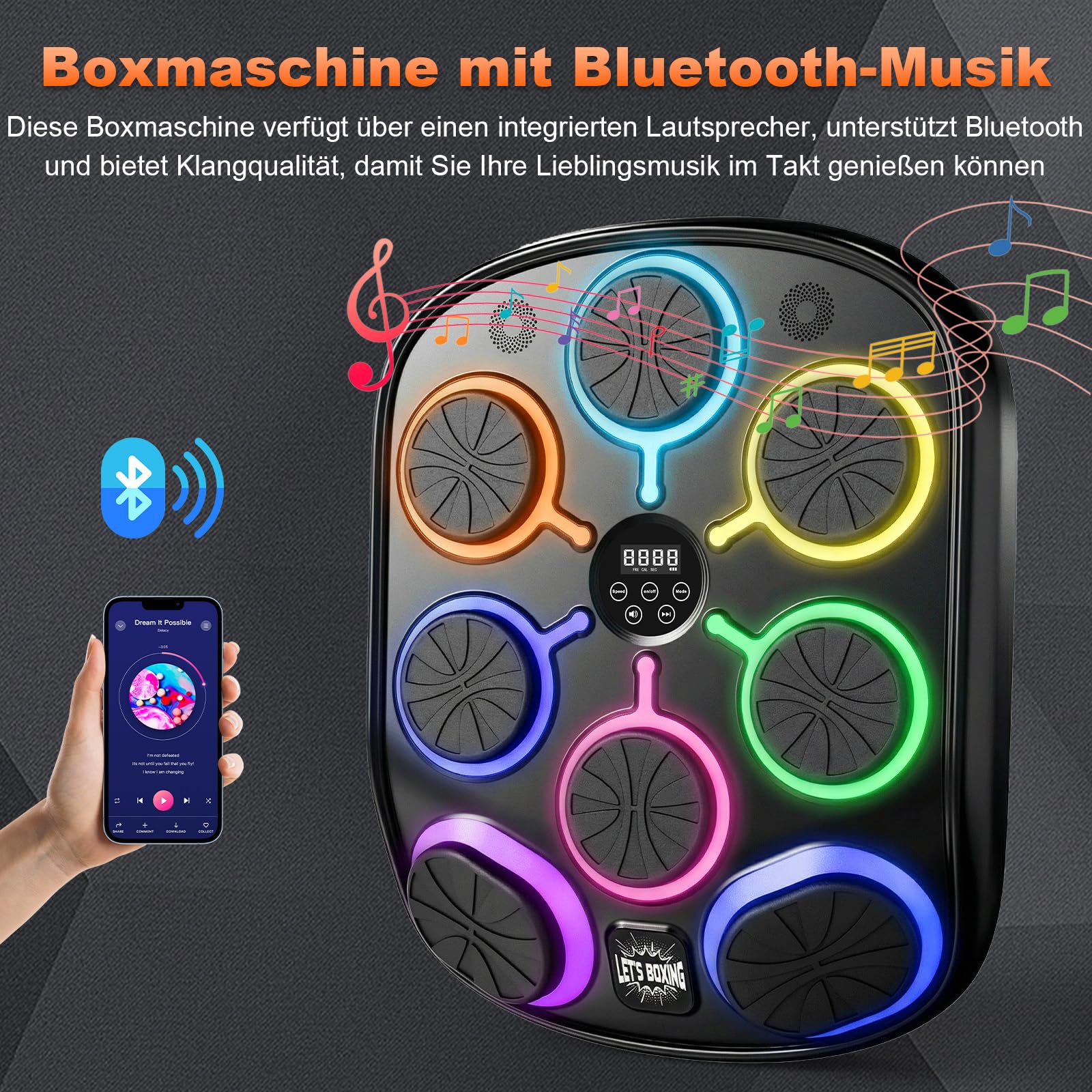 Musikboxmaschine mit Handschuhen, Wandmontage Smart Punching Target mit Bluetooth, 9 Musik-/Lichtmodi, Kalorienzähler, hochschlagfester PU-Schaum für Heim-Fitnesstraining
