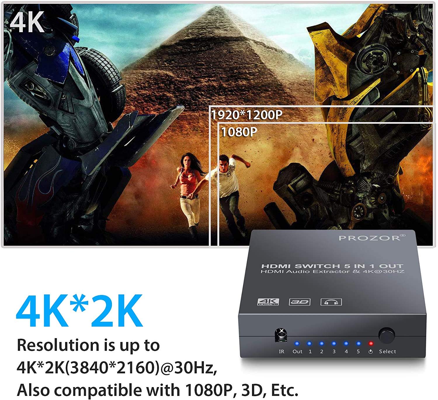 PROZOR Przełącznik HDMI 5 IN 1 OUT HDMI Audio Extractor 4K z pilotem 3,5 mm na kabel RCA HDMI na optyczny Toslink SPDIF 3,5 mm RCA R/L konwerter Sopport HDMI 1.4 do Blu-ray DVD PS4 TV Soundbar