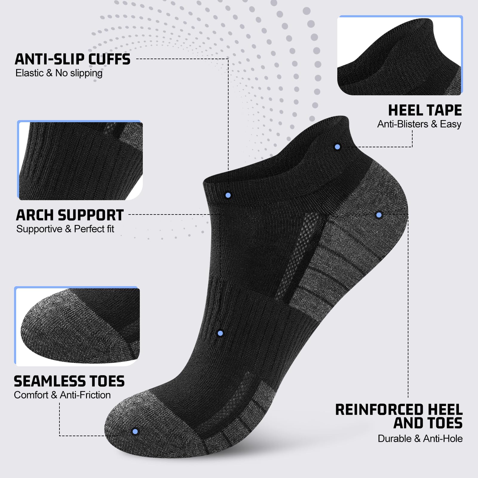 Effeet 10 Paia Calzini Corti Uomo Donna - Calze Corte Traspiranti - Cotone Sportivi Unisex, Nero Bianco Grigio