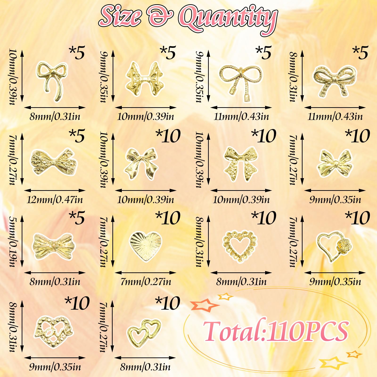 BELICEY 110Pcs Bow Heart Nail Charms Gold 3D Metal Bow Charm for Nails Flatback Heart Bowknot Nails Decoration Cute Nail Bows for Women Manicure DIY Nail Art Design Crafts