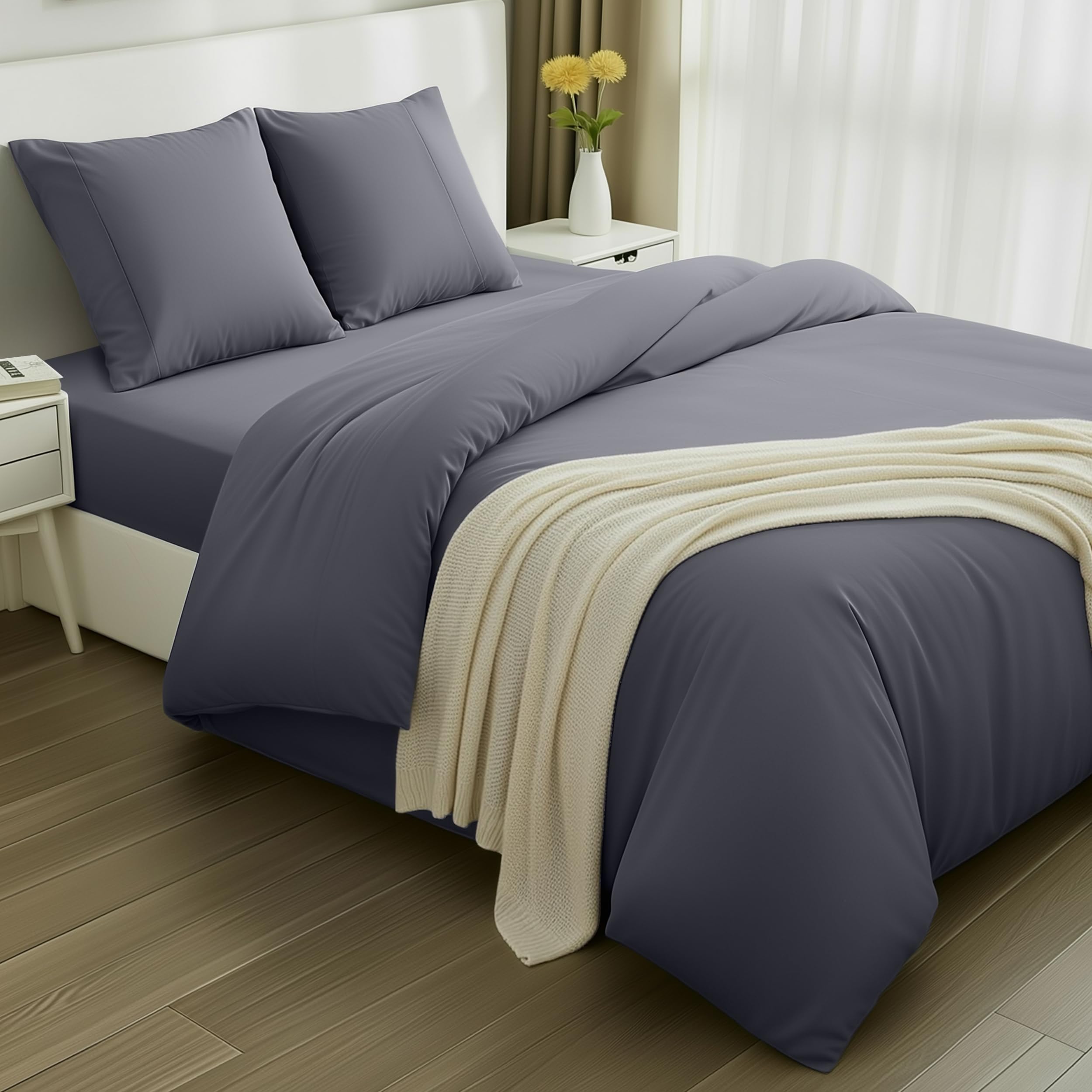 Utopia Bedding 4teilig Bettwäsche-Set - Weiches gebürstetes Mikrofaser-Gewebe - Bettbezug (200x200cm), Spannbetttuch (140x200cm) mit Kissenbezug (80x80cm), Grau