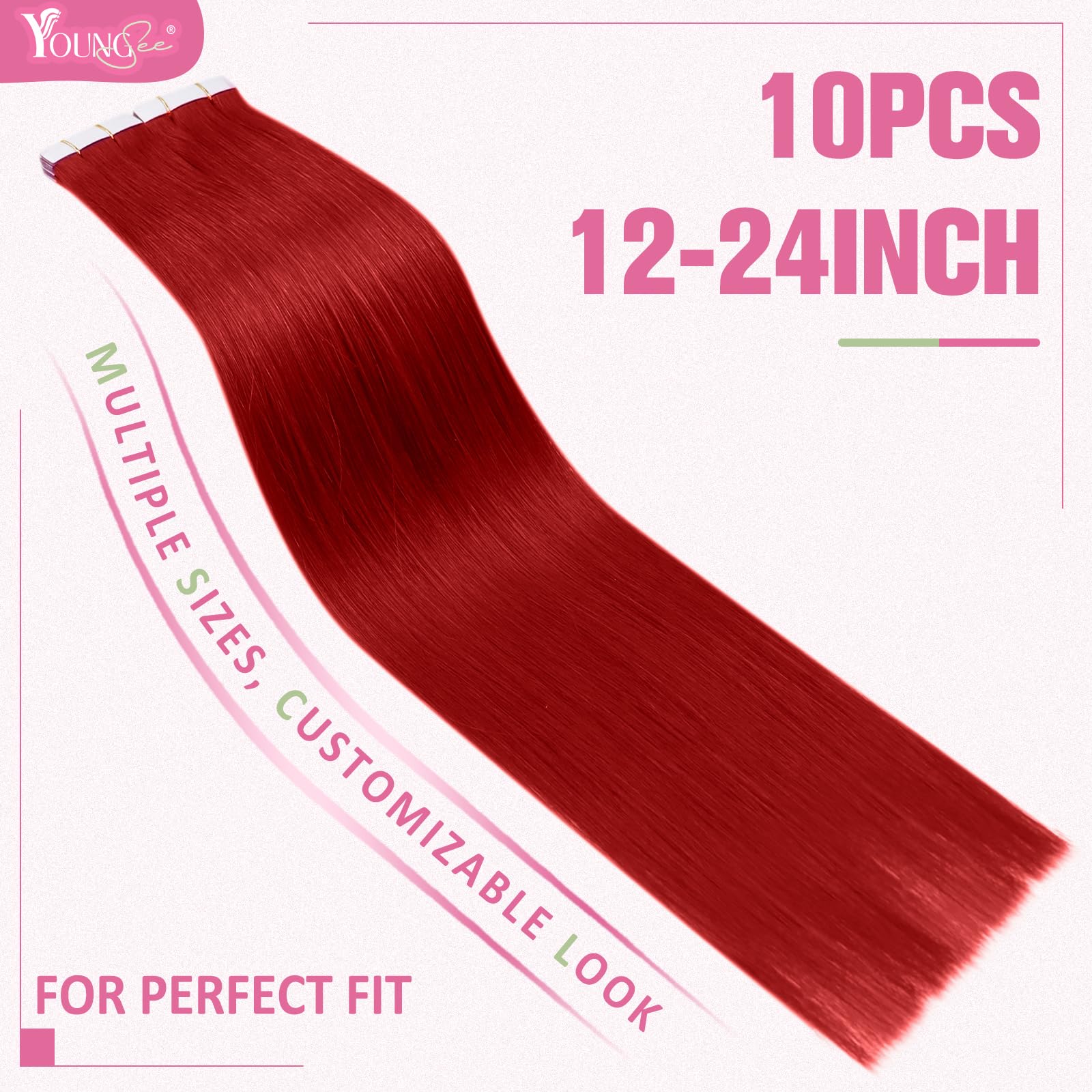 YoungSee Tape in Hair Extensions Red Tape Hair Extensions Real Human Hair Tape-in Color Human Hair Extensions Tapes Easy to Apply 18In 25G 10Pcs - Image 3