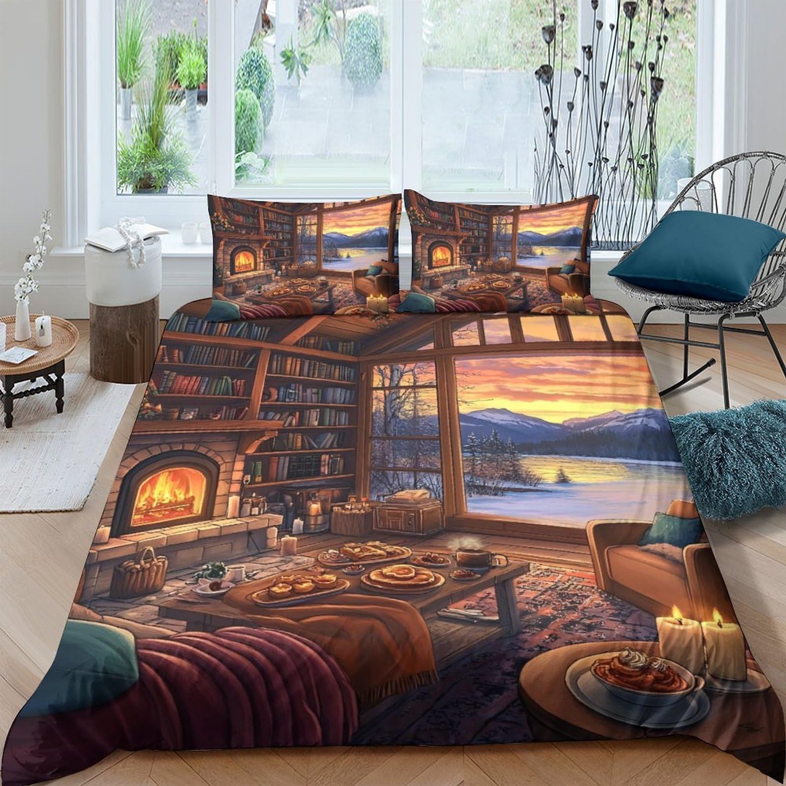 Ctjqhvkz Style-4 3D Printed Cozy Cabin Sunset Fitted Sheet Microfiber Soft Warm Fireplace Lake View Mattress Cover For Bedroom Home Decor Single（135X200cm）
