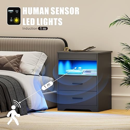 Miniatura 5 de Mesita de noche LED inteligente con cajón para armas, mesita de noche con estación de carga y luces de sensor humano de 3 colores, mesita de noche