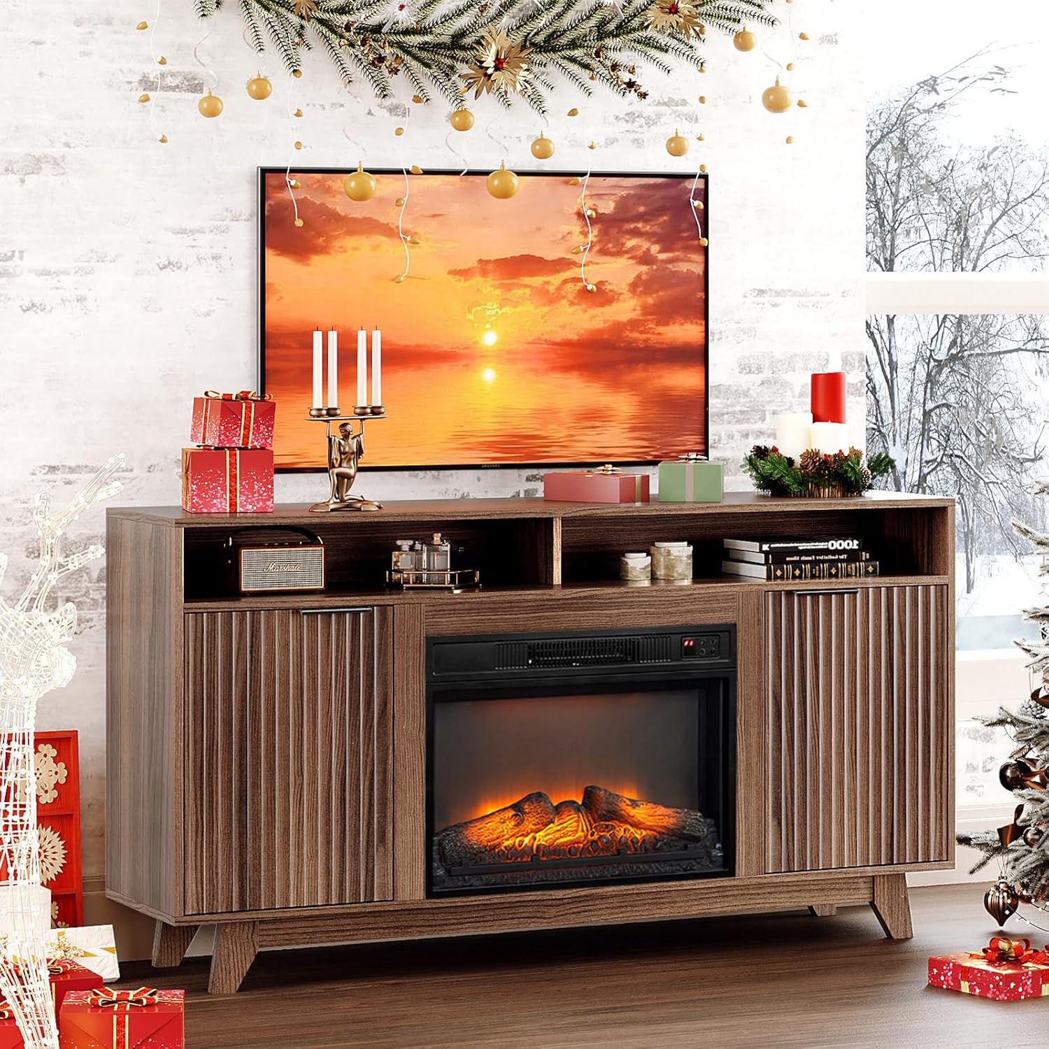 VINGLI Fireplace TV Stand for up to 70 inch TVs, Fluted Entertainment Center with Electric Fireplace Heater & Adjustable Shelves & Open Cabinet, Fireplace Media Console Table for Living Room, Walnut Walunt 58”W x 13.58“D x 32”H