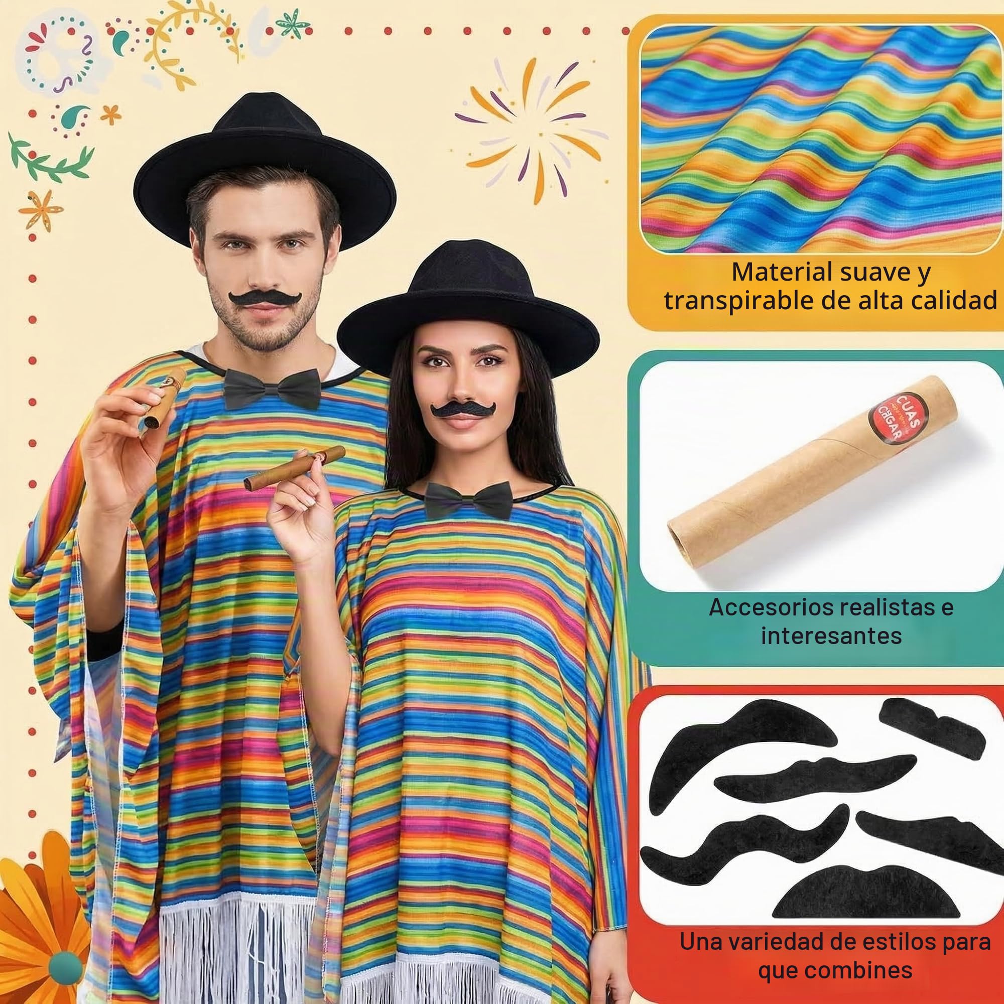 Hicarer Set de 3 Disfraces de Carnaval Mexicanos Poncho Mexicano Colorido Sarape de Fiesta Festivo Bigote Divertido Cigarro Falso para Hombre Mujer Adulto Cosplay Traje Accesorio (Color brillante)
