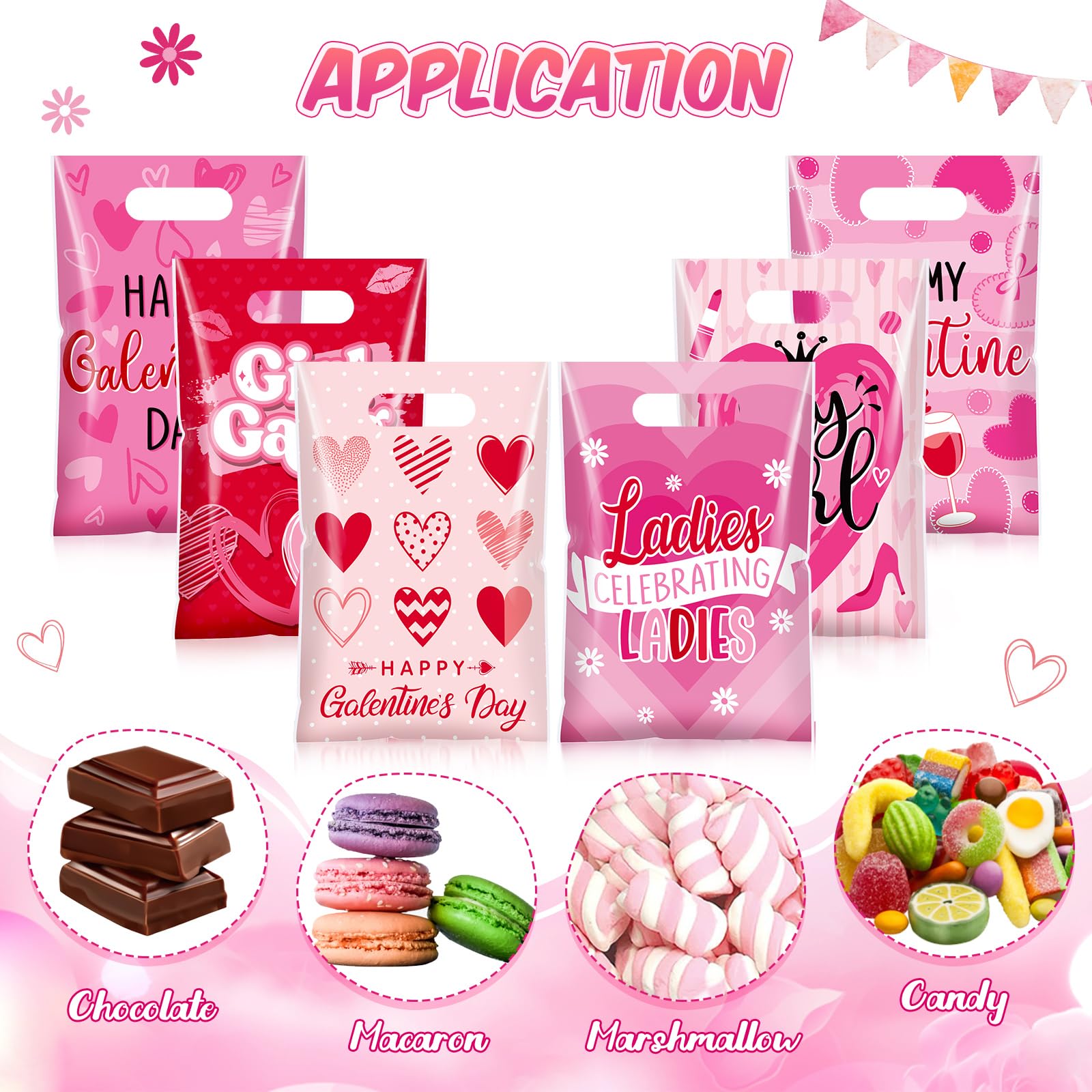 Teenyyou 60 Pcs Galentines Day Gift Bags Pink Red Plastic Heart Treat Bags Small Valentines Goodie Handbags for Women Sweet Day Friendship Party Supplies
