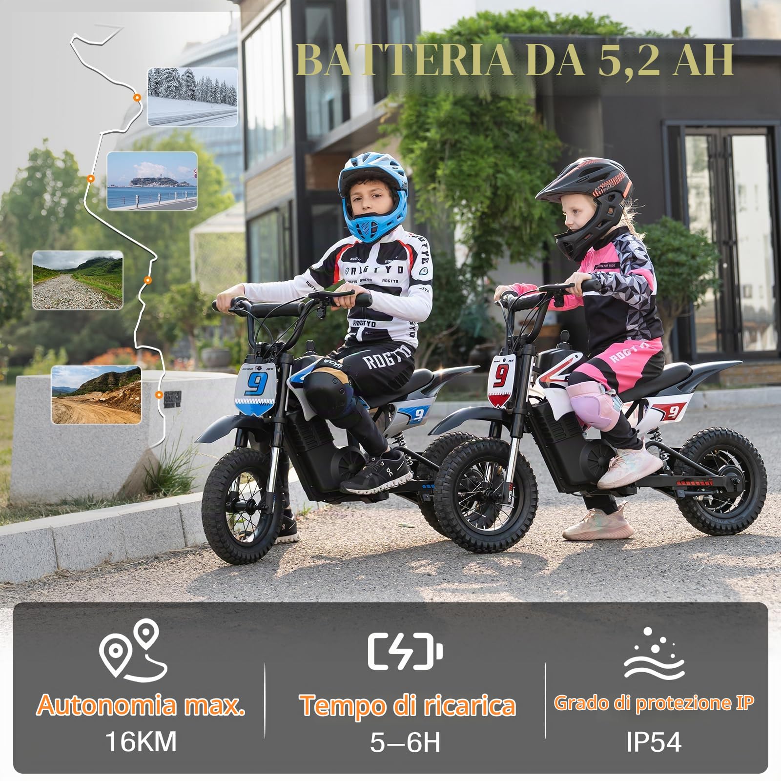 RCB R9X PRO Moto Elettrica per Bambini, Motocicletta con Motore 350W, 3 Velocità (10/15/25 km/h), autonomia 16 KM, luci Ambientali, Doble Suspensión, Ruote 12" Motocross per bambini 6+ anni