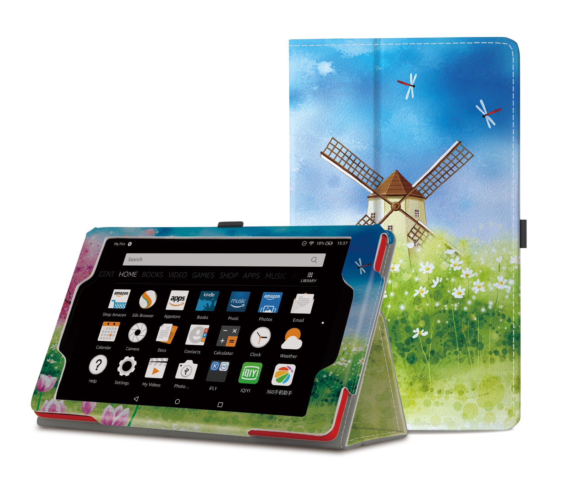 NUYEA Case for All-New Amazon Fire HD 8 (2016 and 2017 Release, 6th/ 7th Generation)-Hand Strap Stand PU Leather Case for 2017/ 2016 Amazon Fire HD 8(7th / 6th), Auto Wake / Sleep(DRAWING A)