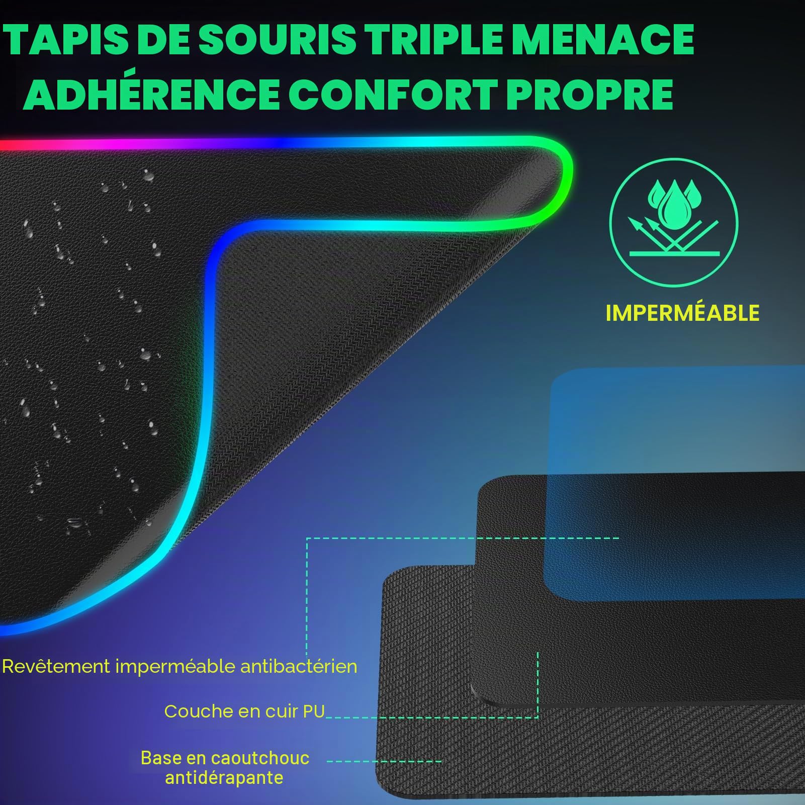 GIM Tapis de souris de jeu PU en cuir sans fil avec chargement sans fil RGB 15W, tapis de souris LED 203x76x10 mm, 10 modes d'éclairage, tapis de souris extra grand avec base en caoutchouc