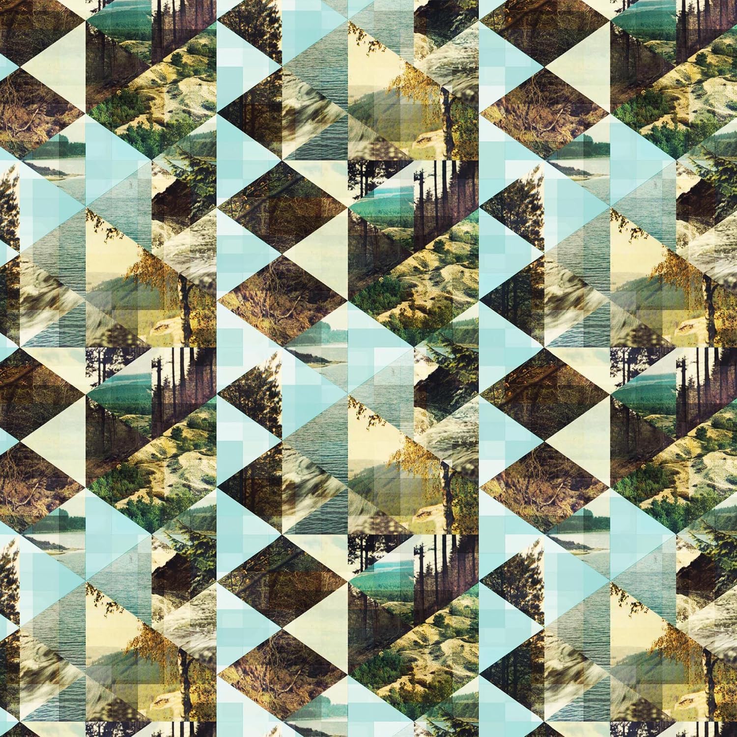Geometrical Landscape Design 100% Cotton Quilting Fabric by The Yard - (Cream, Mint, Brown, Ocher and Green)