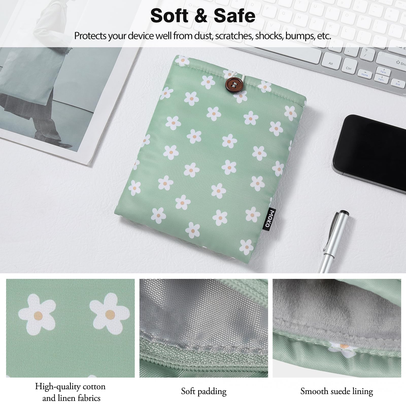 MoKo Fiori Verdi Imbottito Sleeve Pouch per Kindle Colorsoft Paperwhite 12° Gen 2024 Oasis Voyage Kobo eReader 6-7 Pollici