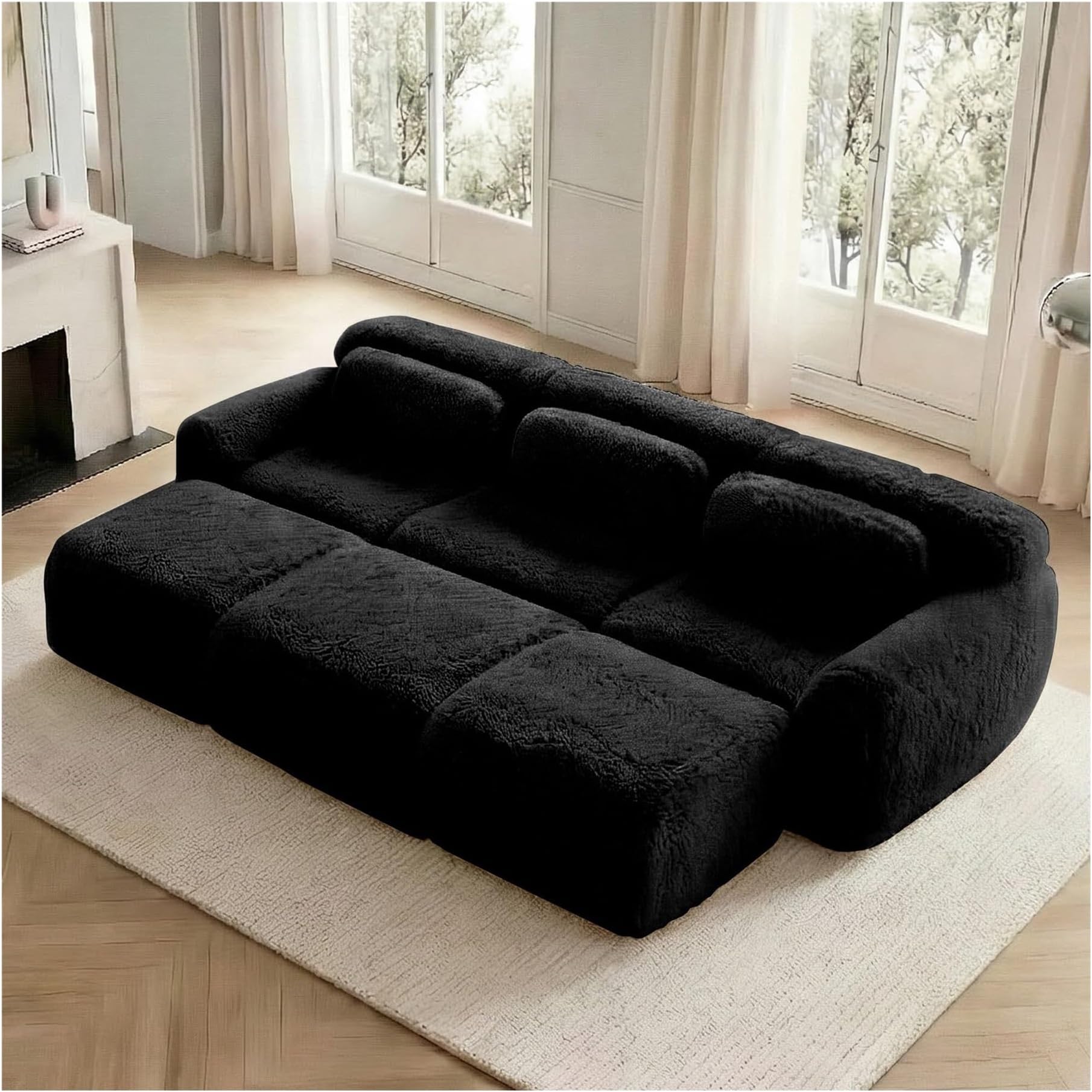 Modern2 seater sofa, modular sofa, non-slip base, with 2 cushions, extra wide ergonomic armrests, extra large deep seat, for reading and working(Negro+Peluche+3 Asientos+3 Reposapiés)