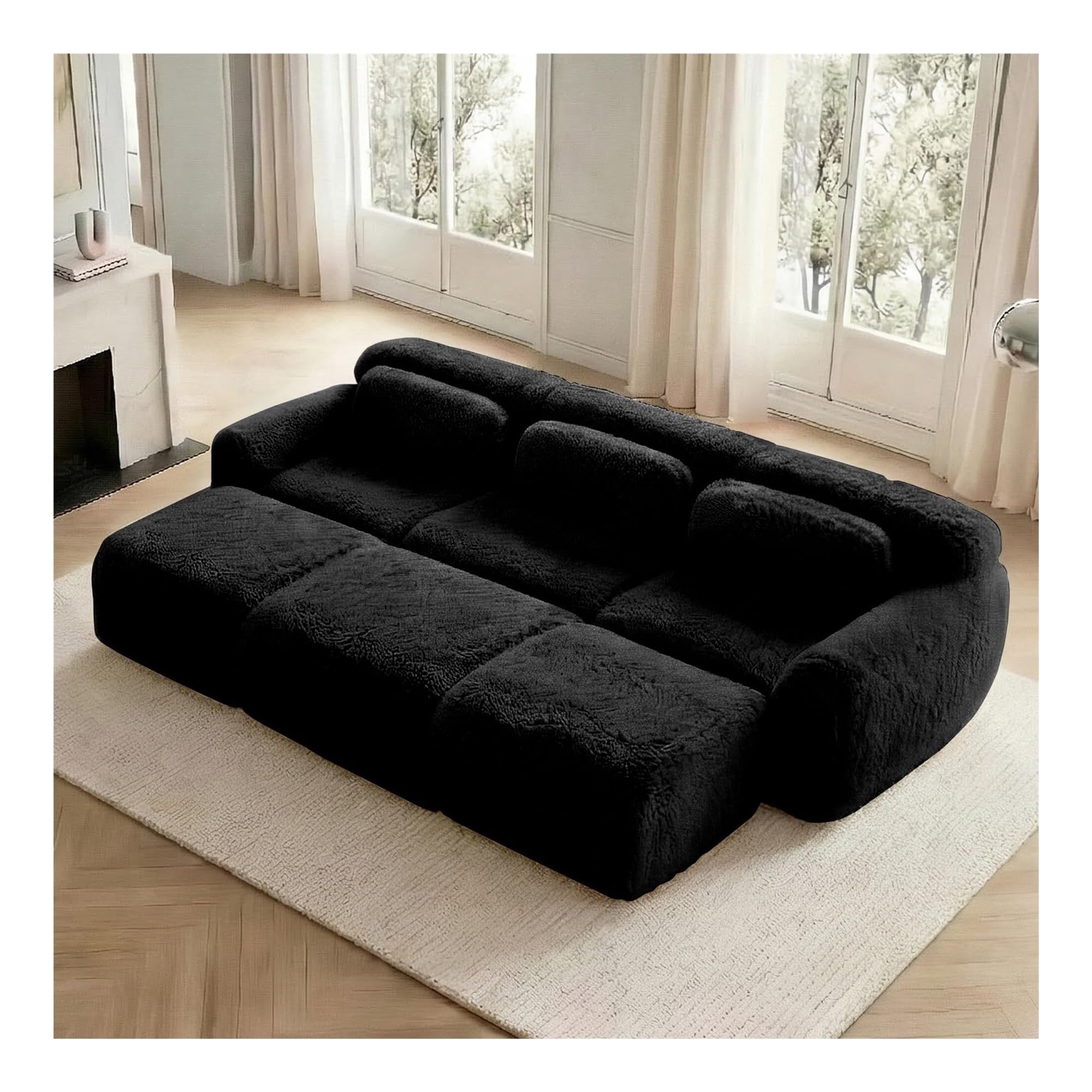 Modern2 seater sofa, modular sofa, non-slip base, with 2 cushions, extra wide ergonomic armrests, extra large deep seat, for reading and working(Negro+Peluche+3 Asientos+3 Reposapiés)